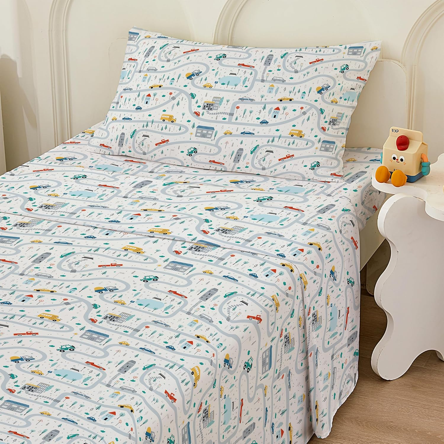 Bedmoon Boys Twin Sheets, Kids Car Truck Soft Microfiber Twin Sheets & Pillowcases with Elastic Corner Straps, White image number 5