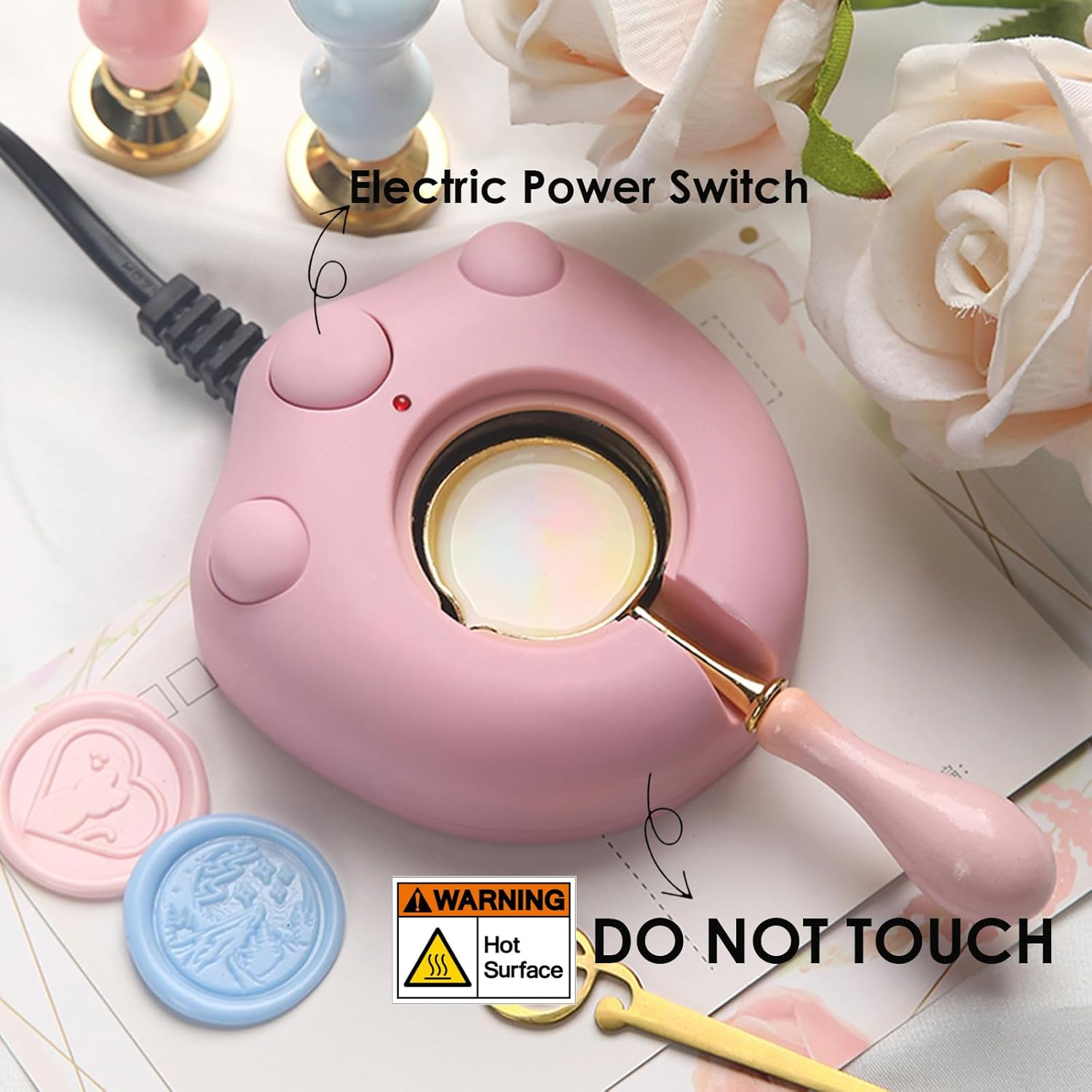 Andotopee Electric Wax Seal Warmer Kit with Melter, 2Pcs Spoon, Tweezers, Stir Pin for Fast Melting Beads Sticks, Envelope Stamp Seals Craft, Pink image number 5