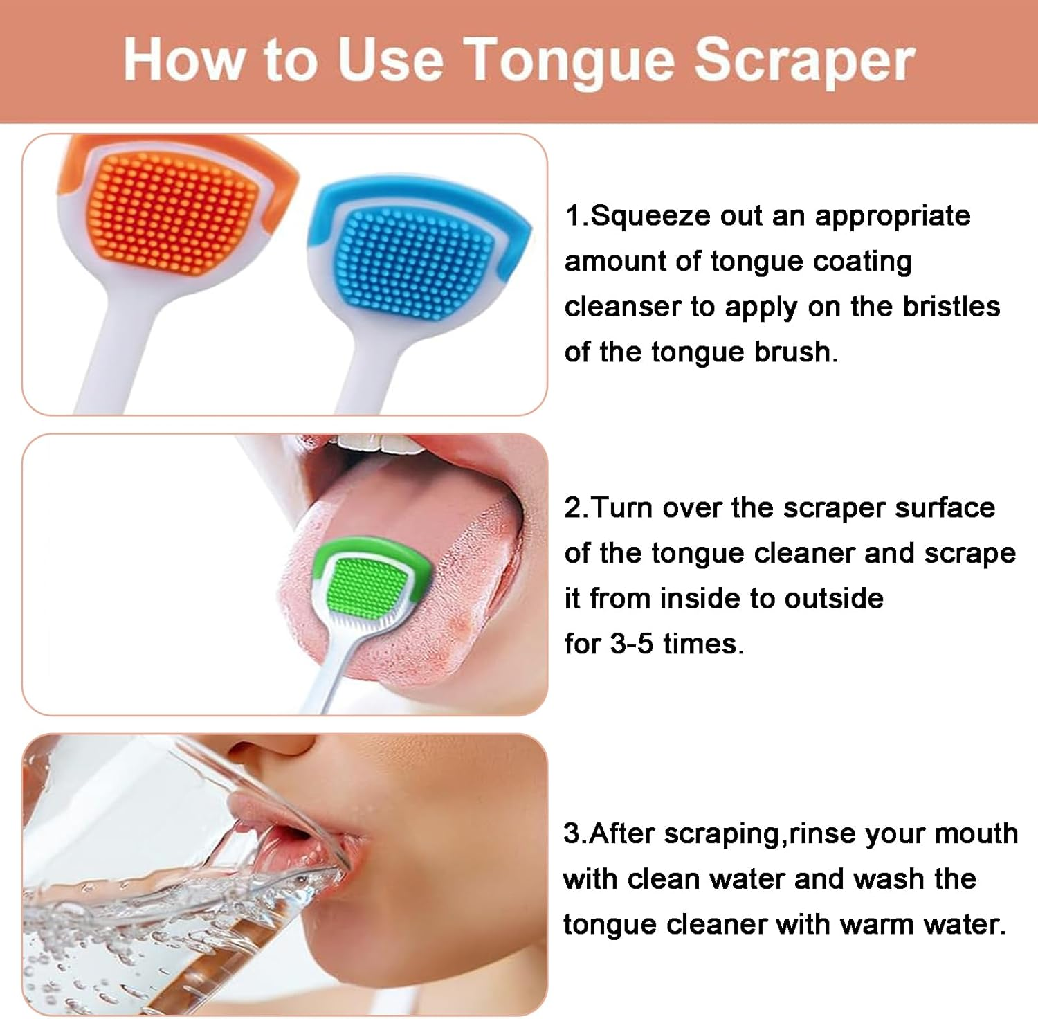 3PCS Tongue Scraper Set, Tongue Cleaner for Fresh Breath, 3 Tongue Scrapers in Blue, Orange, Red