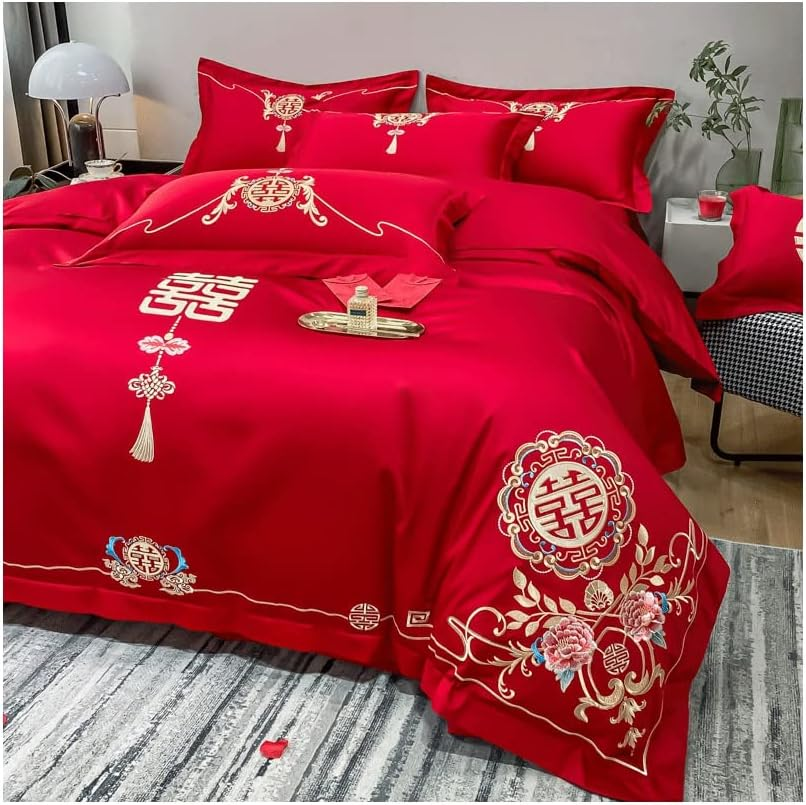 Red Duvet Cove King Double/Full 100% Skin-Friendly Cotton Super Soft 4-Piece Red Bedding Duvet Cover Set 1 Duvet Cover And1 Fitted Sheet and 2 Pillow Shams (Color : Red A, Size : 220X240-180X200Cm) image number 1