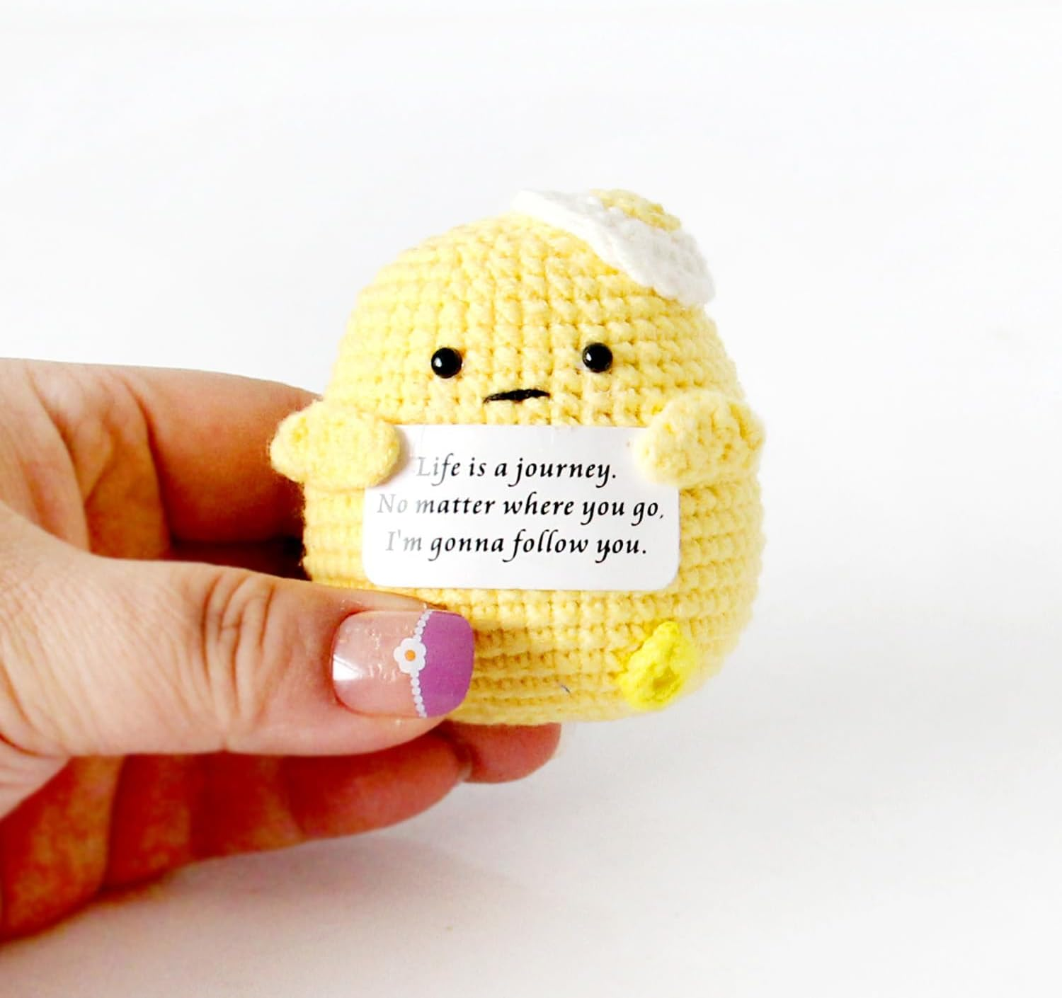1 Mini Cute Funny Positive Life Potato,Creative Knitted Unique Interesting Potato Holding Card Positive Crochet Party Decor (Yellow) image number 2
