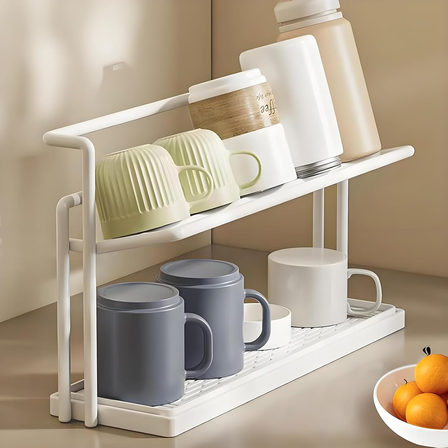 2-Tier Cup Drying Rack, Draining Organiser with Storage for Mugs and Bottles, White image number 2