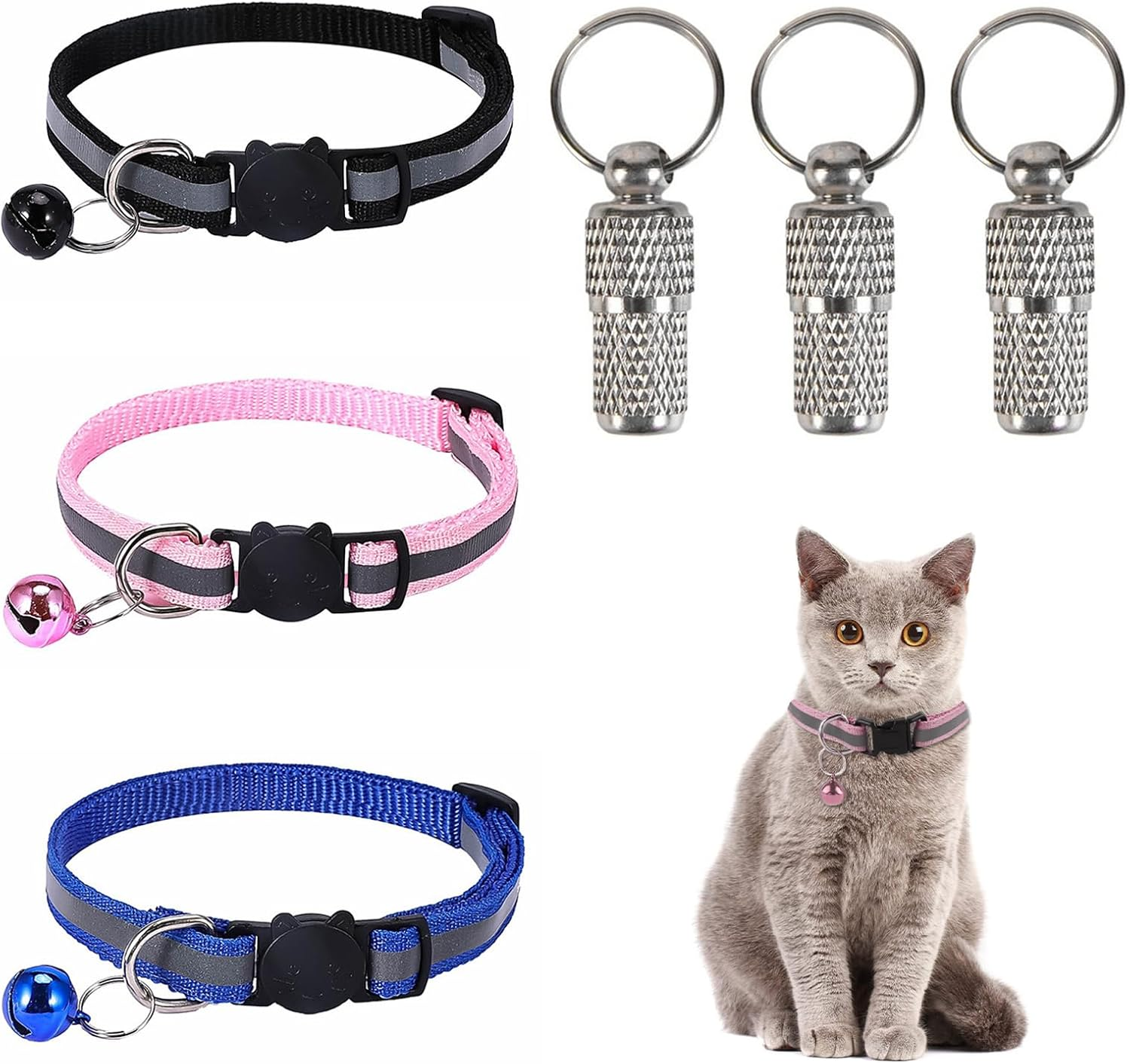 Reflective Cat Collar, Adjustable, Address Capsule, Pack of 3 Cat Collar, Reflective Cat Collar with Safety Clasp and Bell, Address Tag for Dogs Cats, Cat Collar image number 2