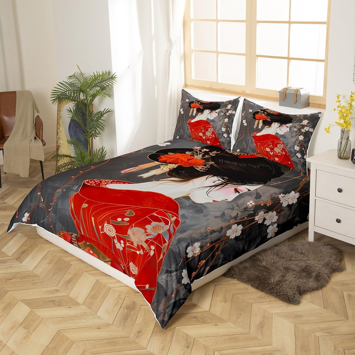 Homemissing Kids Japan Geisha Bedding Set Single Size Boys Girls Cherry Blossoms Comforter Cover Set Japanese Style Duvet Cover Japanese Tradition Aesthetic Bedspread Cover (No Comforter) image number 4