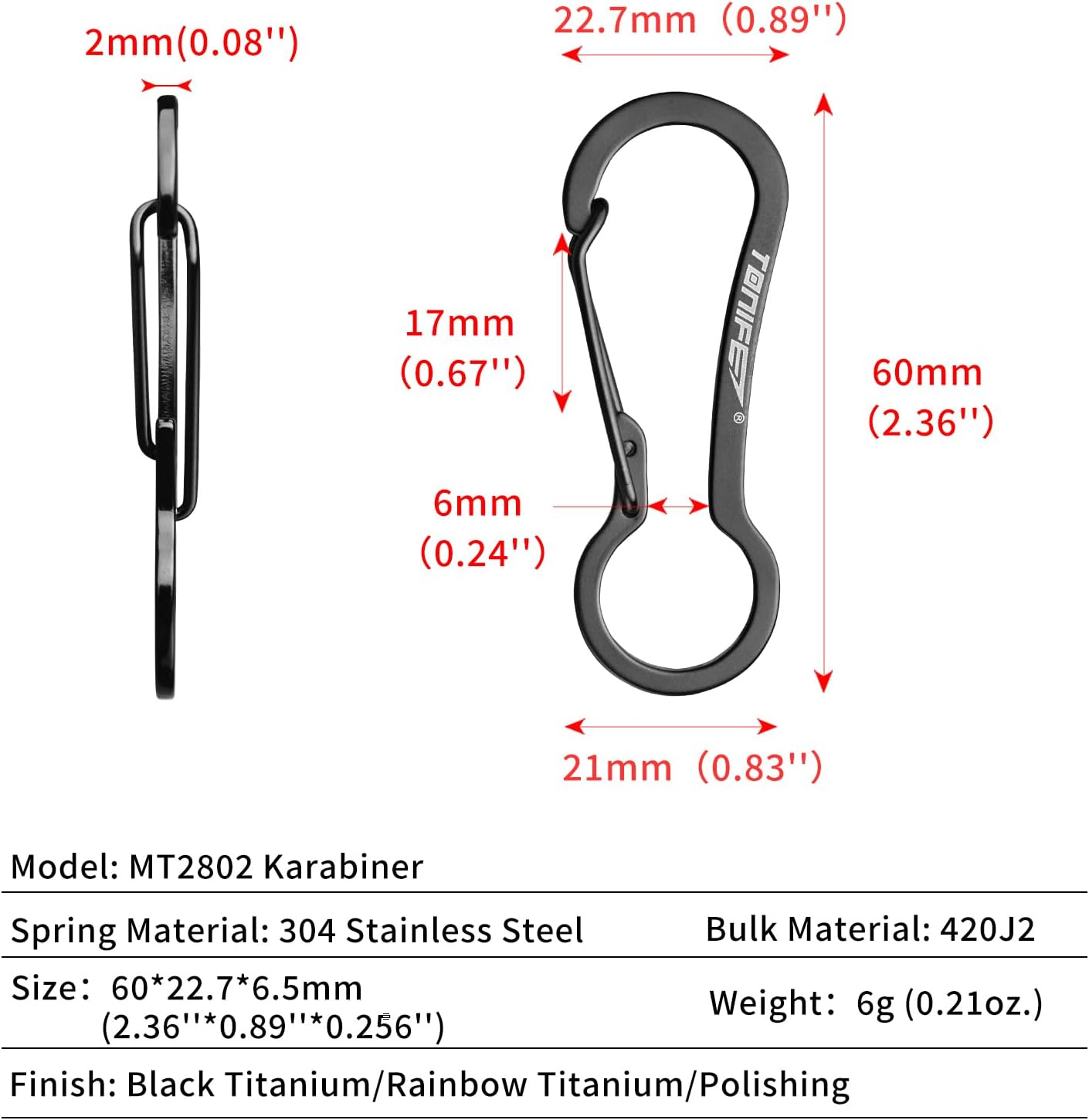 TONIFE Carabiner Clips 2 Pack, Stainless Steel Carabiners Hook for Carabiner Key Rings, Carabiner Small Snap Buckle Spring Backpack Fasteners image number 3