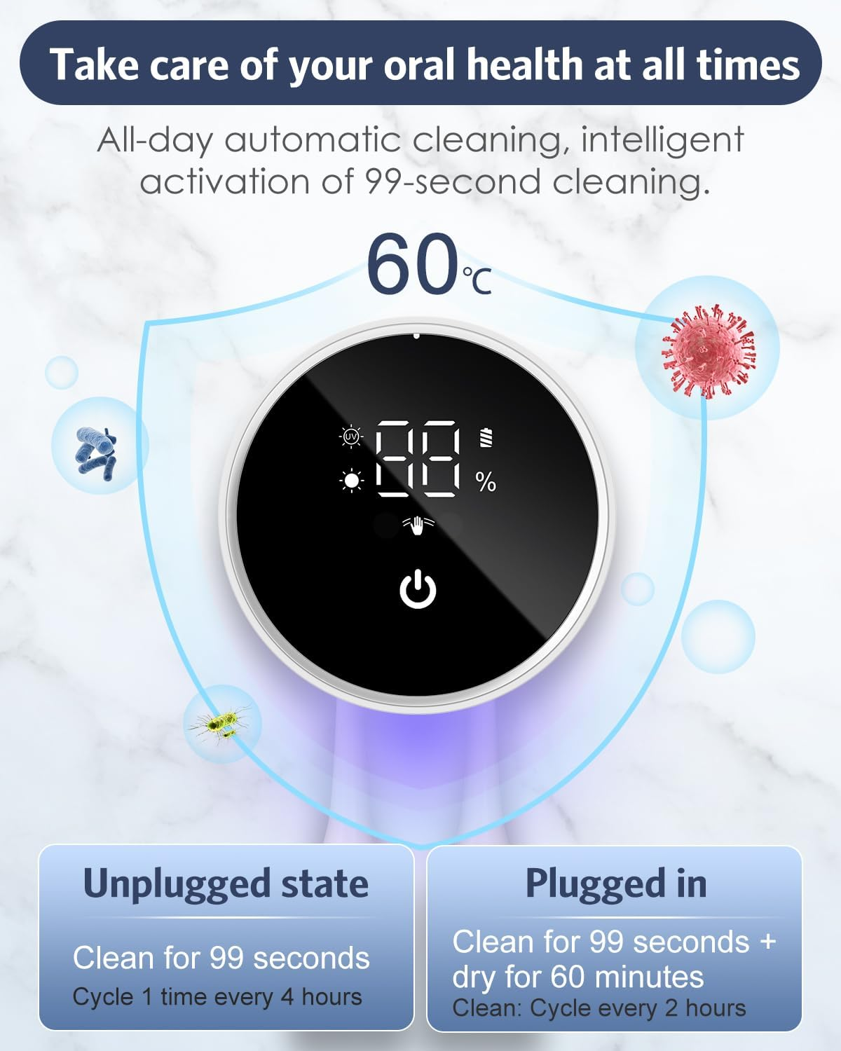 AMIR UV Toothbrush Cleaner Holder Wall Mounted, Temracha Razor Electric Toothbrush Holder for Bathroom, LED Smart Screen with Auto Sensor Open/Close Cover, Cleaning and 60-Degree Drying image number 3