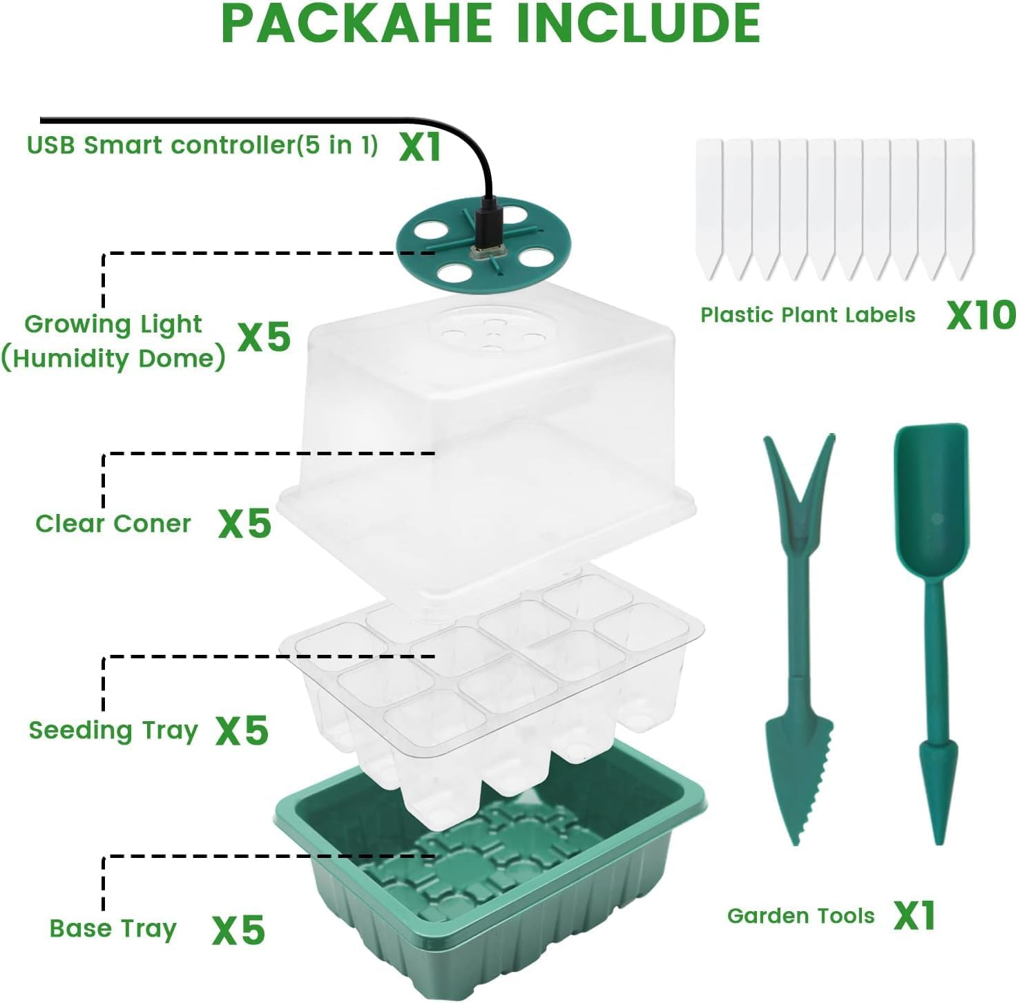 Seed Trays with Grow Light, 5 Pack 60 Cells Growing Trays Propagator Growing Thicken Seedling Starter Adjustable Brightness & Humidity,2 Meters Timing Controller for Greenhouse Grow Plant Seed image number 2
