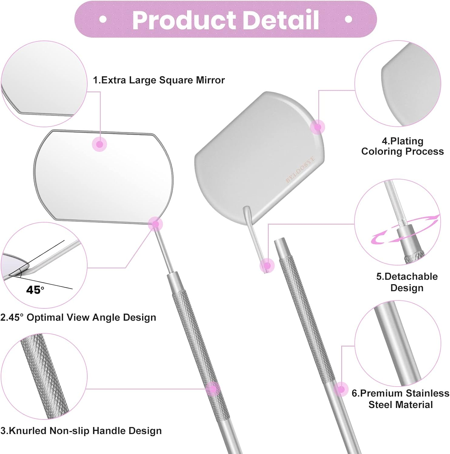 1 PCS Large Lash Mirror for Eyelash Extension Supplies+1 PCS Storage Bag,Stainless Steel Light-Weight Detachable Eyelash Mirror for Extensions,Makeup Inspection Mirror for Lash Tech Supplies(Silver) image number 1