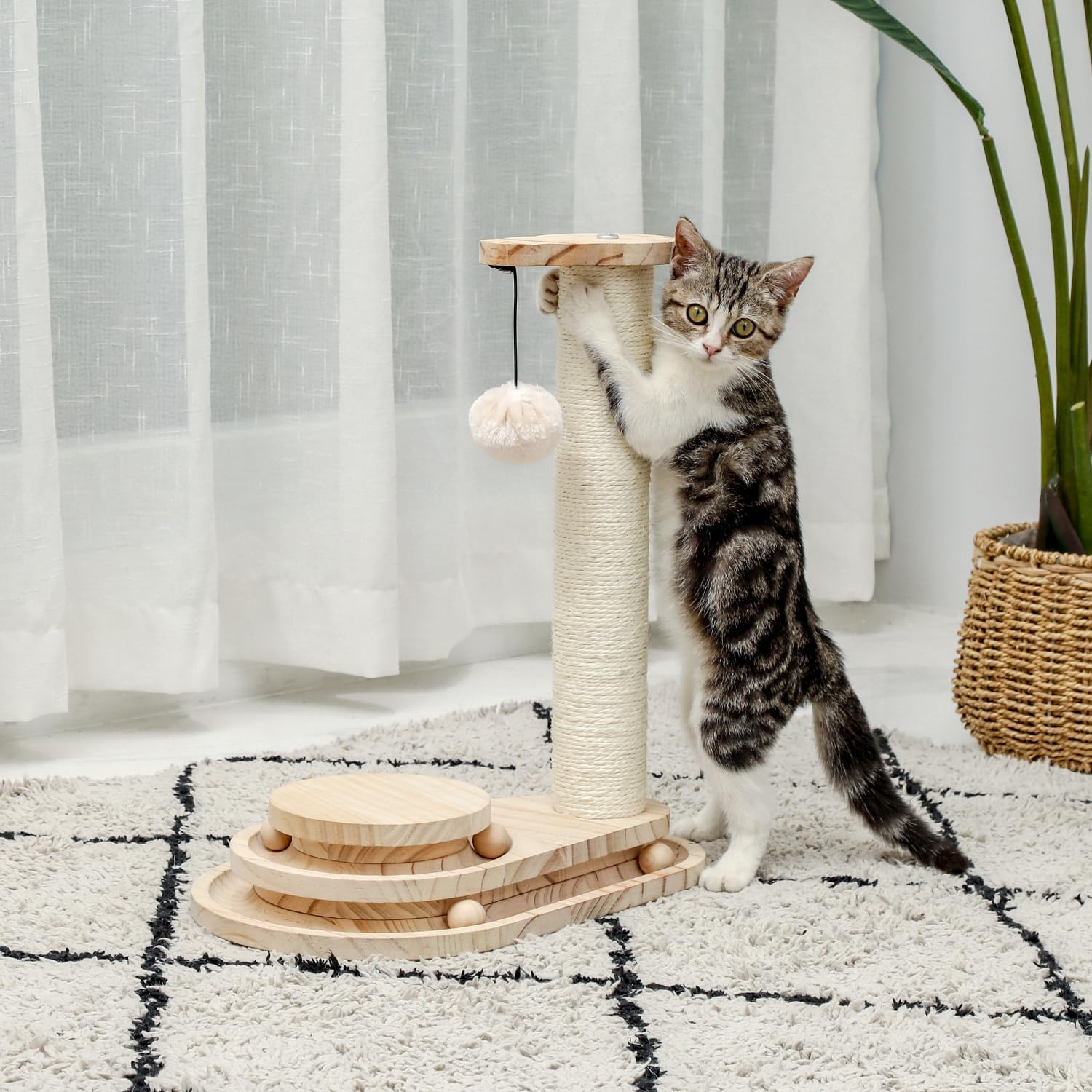 PAWZ Road Cat Scratching Post Cat Scratcher Kitten Toys for Indoor Cats Wooden Ball Track Two-Layer Modern Sisal 45Cm Tall Scratch Post Interactive Toy with Dangling Ball image number 3