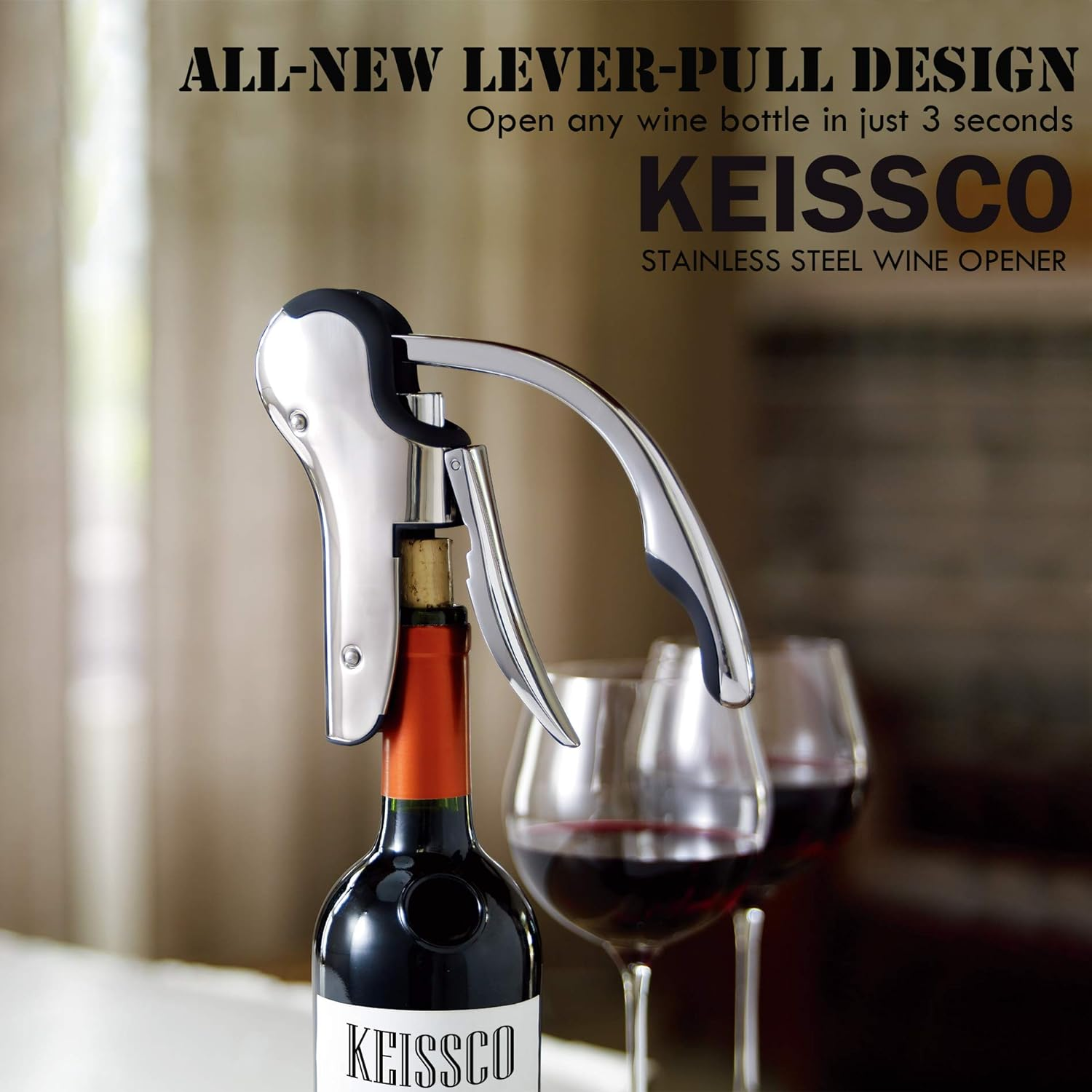 Keissco Compact Wine Opener Stainless Steel Vertical Lever Corkscrew with Foil Cutter image number 3