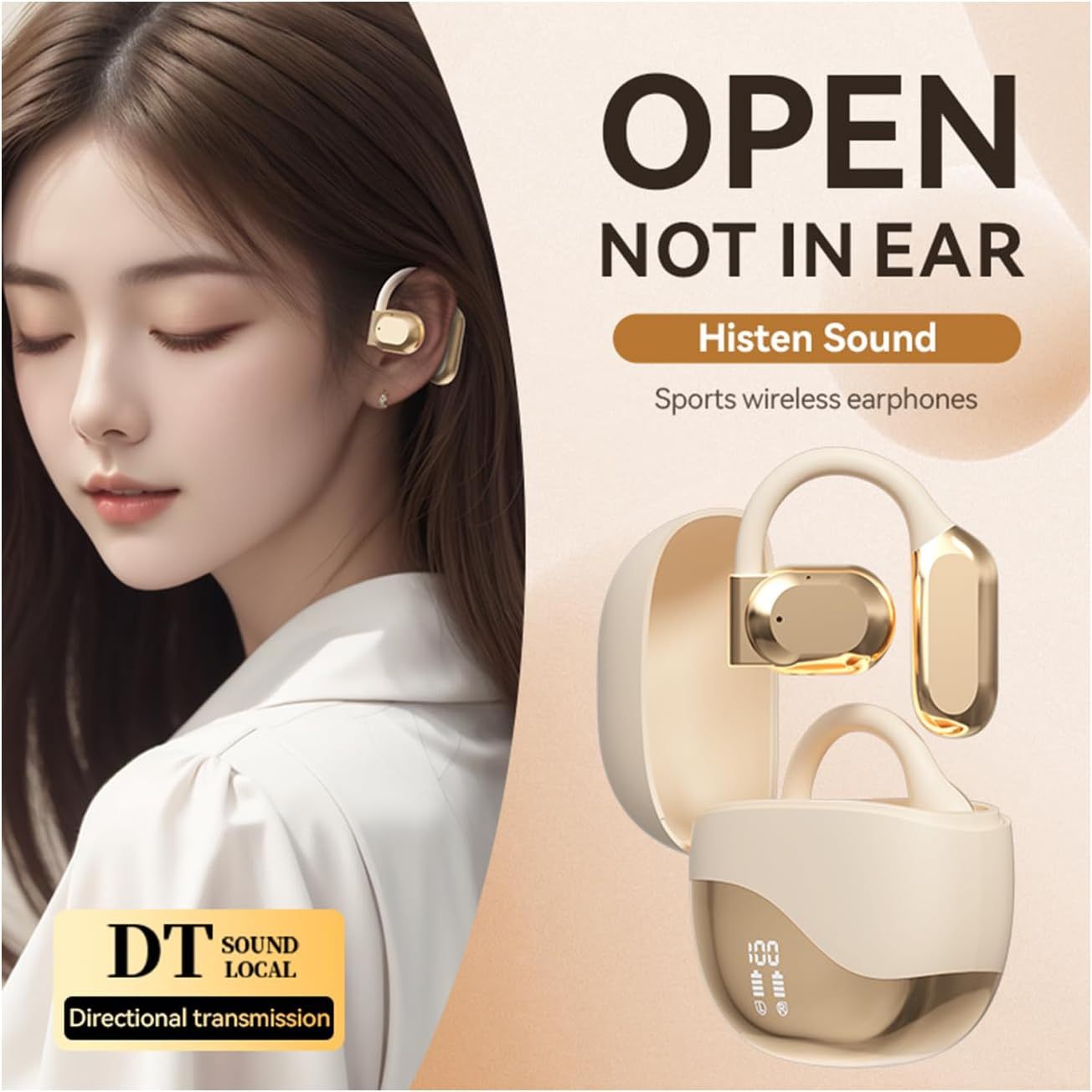 Oimzzr M62 Wirel Headset Ligent Digital Display Call Noise Cancellation Surround Stereo Sound Fingerprint Control OWS On-Ear Sports Headset Suitable for Travelling Busin and Study