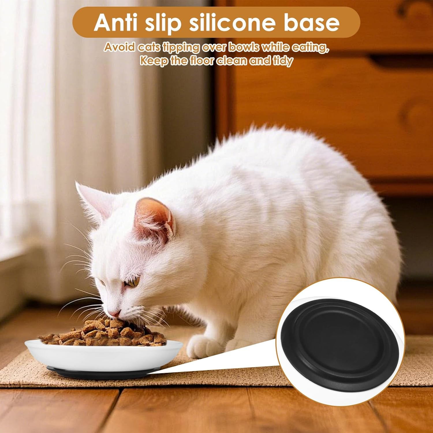 2/4Pcs Pet Plate, Raised Cat Food Bowl Ceramic Cat Dishes with Nonslip Silicone Base Pad Shallow Wide Kitten Bowls for Wet/Dry Food Indoor Pets (White 01) - White 01 image number 4