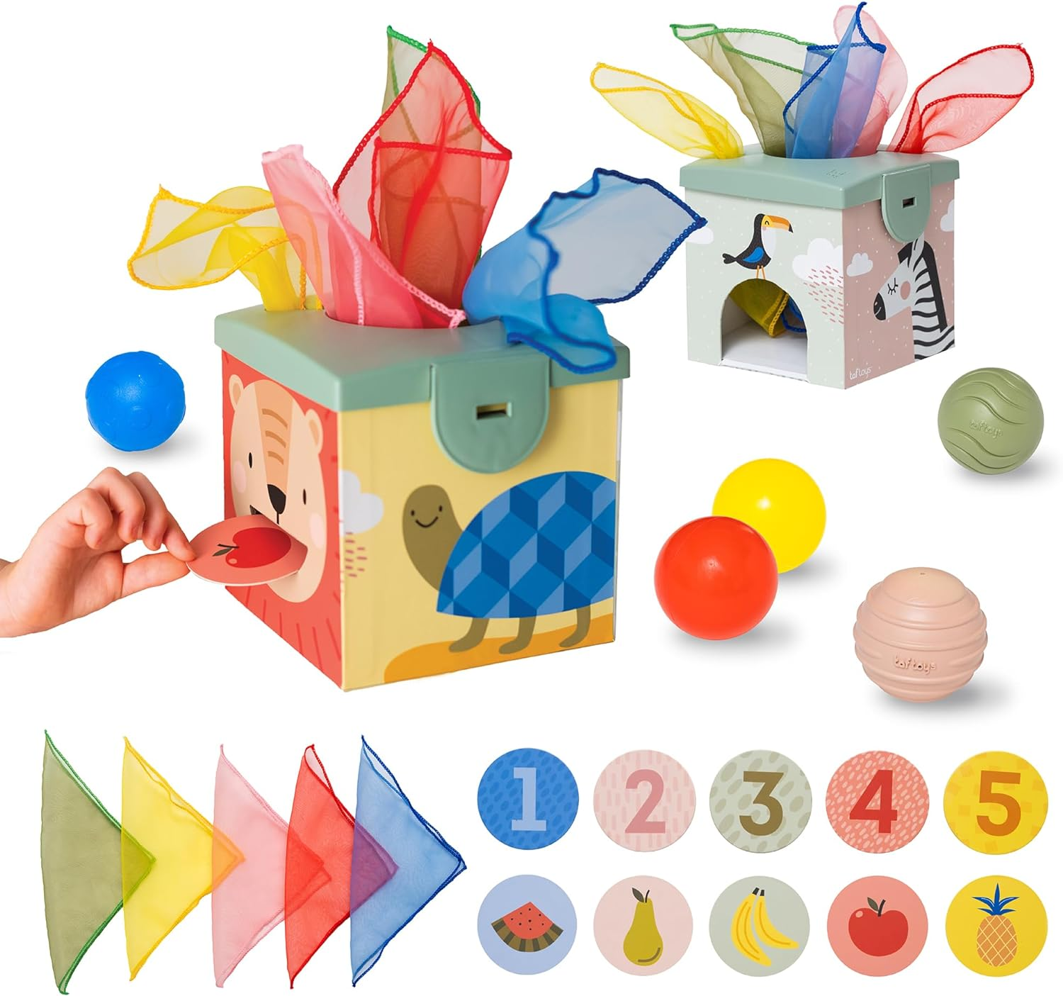 Taf Toys Sensory Baby Tissue Box Toy, Object Permanence Box, Imaginary Play for Infants & Toddlers, Montessori Square Sensory Toys, Pull Scarves, Play Balls & Cards Educational Preschool Learning