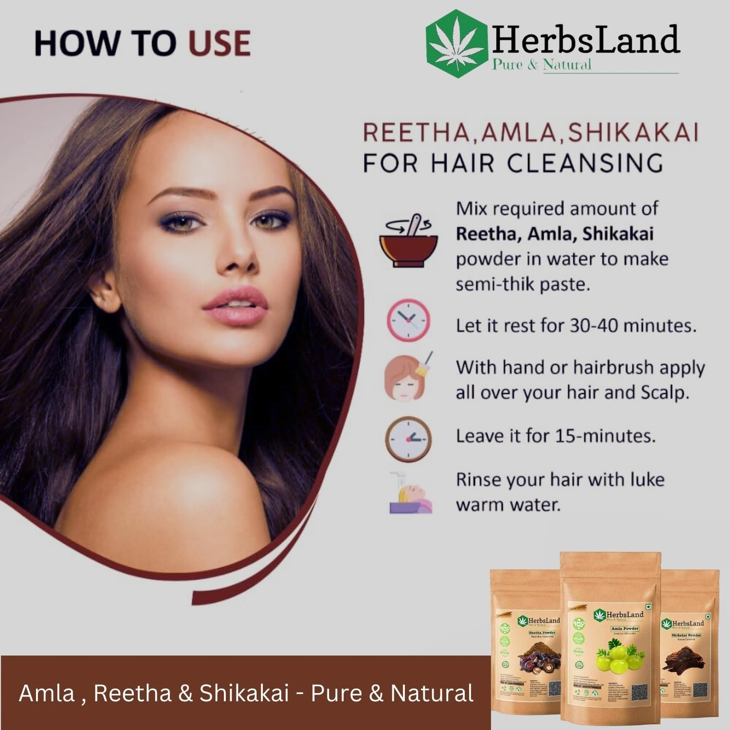 Herbsland&reg; Pure Bio Organic Amla Reetha Shikakai Powder for Face | Skin Care | Scalp with Anti-Dandruff Treatment | Hair Growth Natural Shampoo | Double Filtered for Shiny Hair (50 Gm Each) (150 Gm) image number 1