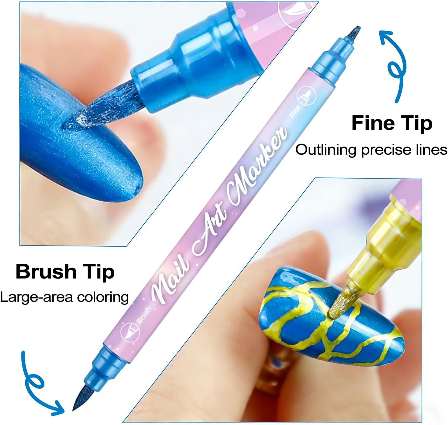 10 Color Metal Nail Art Pens Set, 3D Double Ended Nail Art Markers Graffiti Acrylic Paint Pen, Quick-Drying Dotting Drawing Painting Liner Pen for Home Salon Manicure DIY Tool