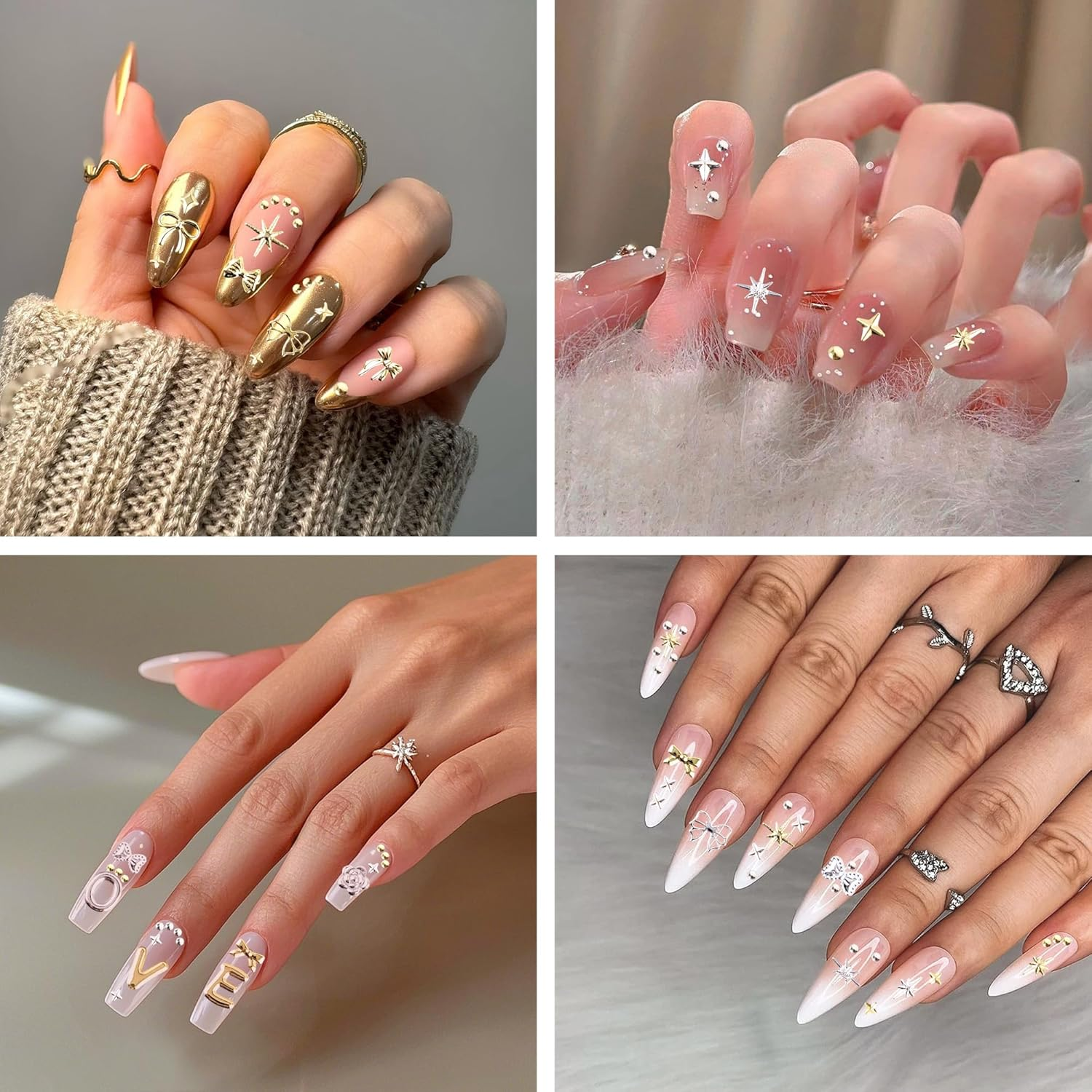 VVQWCY 4 Boxes of Nail Charms, 48 Types Charms Nails, Gold Silver Star Bows Letter Flowers Hearts Dots Nail Decoration image number 1