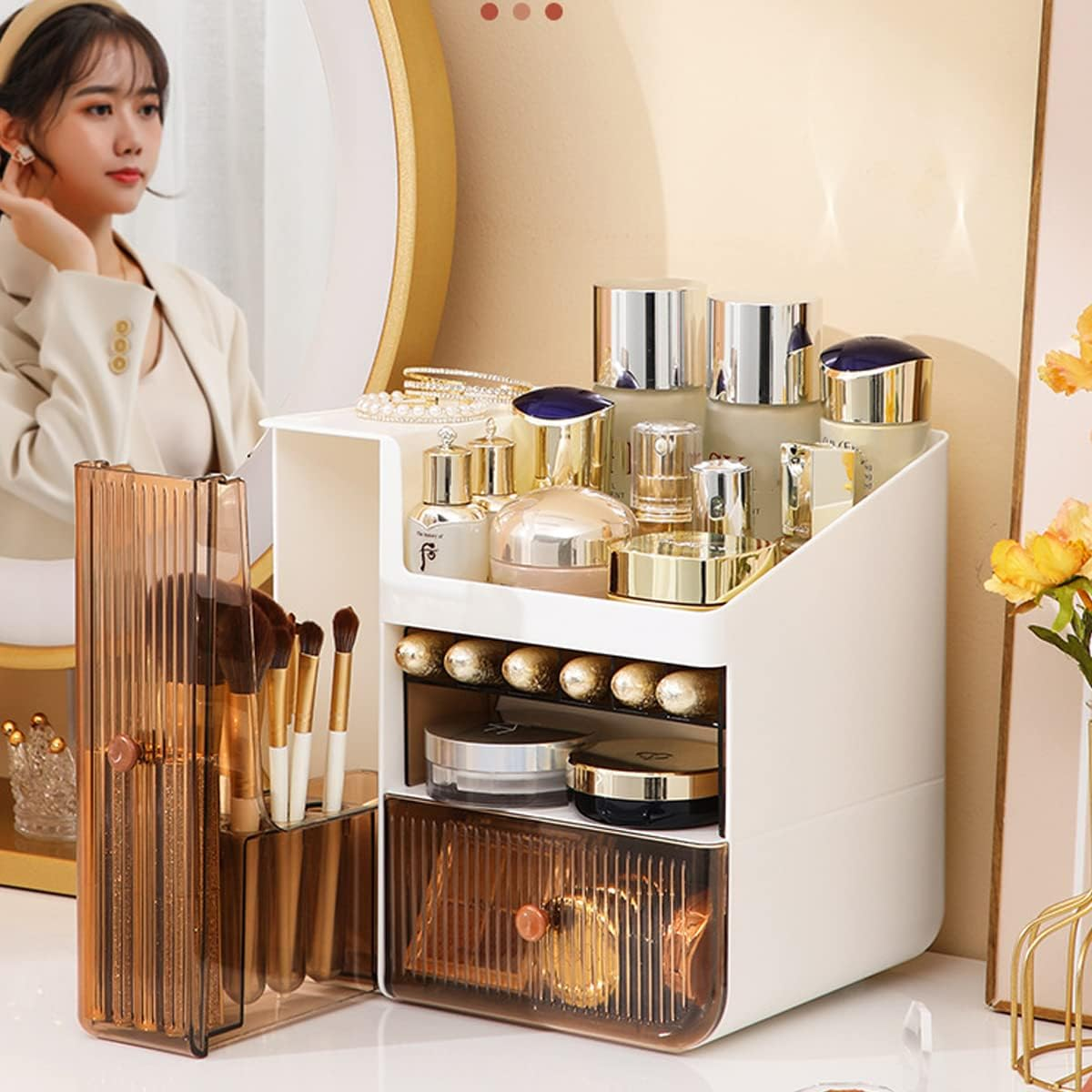 Makeup Organizer, Cosmeticsorganizer Box with Drawers, Cosmetic Storage Box with Lid for Vanity, Cosmetic Skincare Display Cases for Dresser, Countertop image number 1