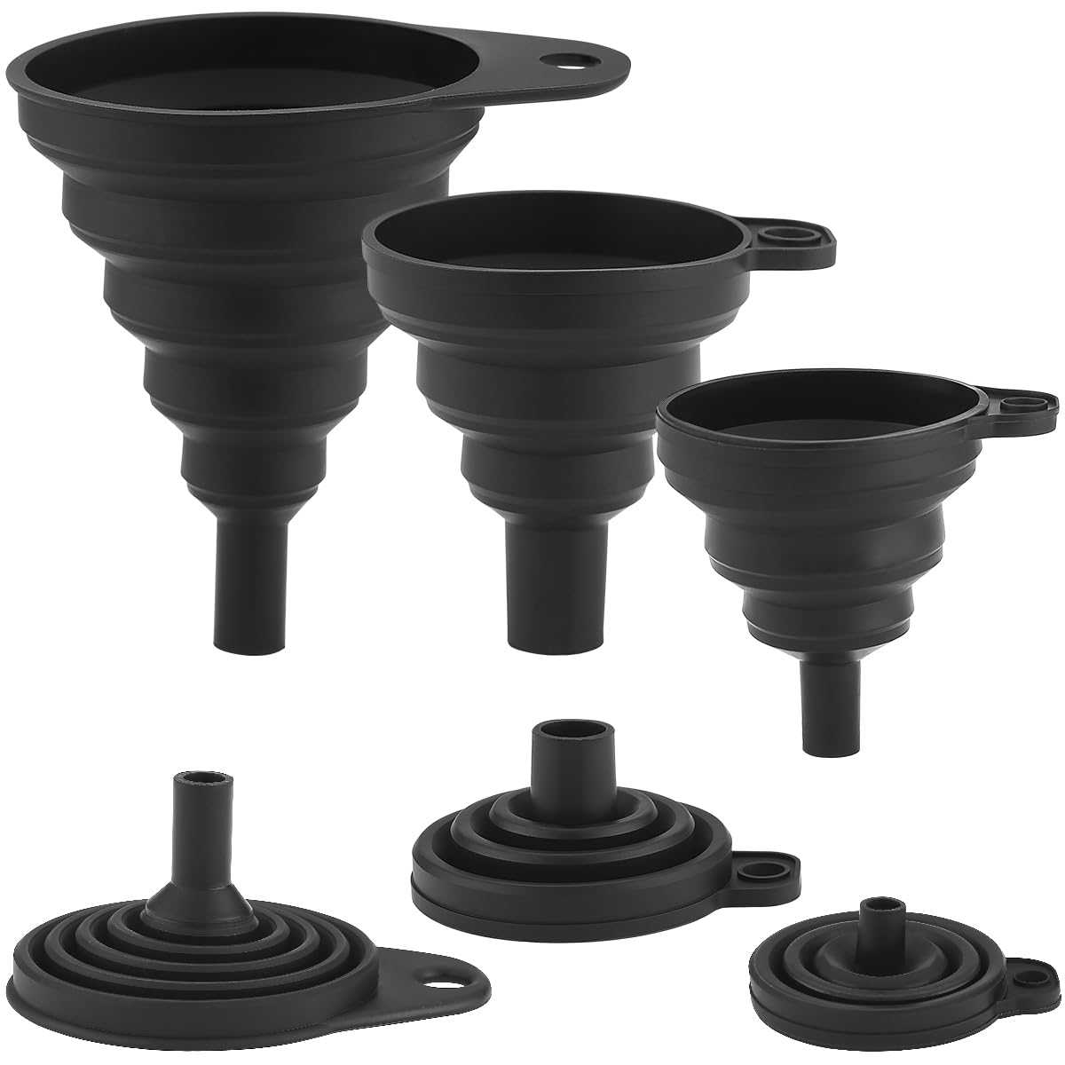 Berglander Kitchen Funnel Set of 3 Easy to Store, Silicone Collapsible Funnels for Kitchen Use, Filling Bottles, Daily Cooking, and Water or Powder Transfer（Black）