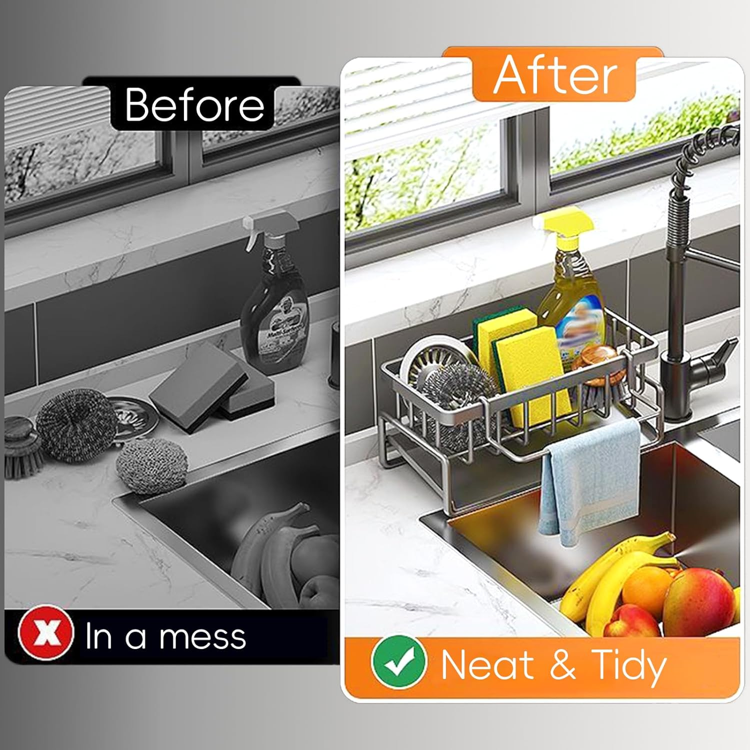 Kitchen Caddy Sponge Holder,Organiser Bathroom Kitchen Storage Sink Drainer Grey image number 5