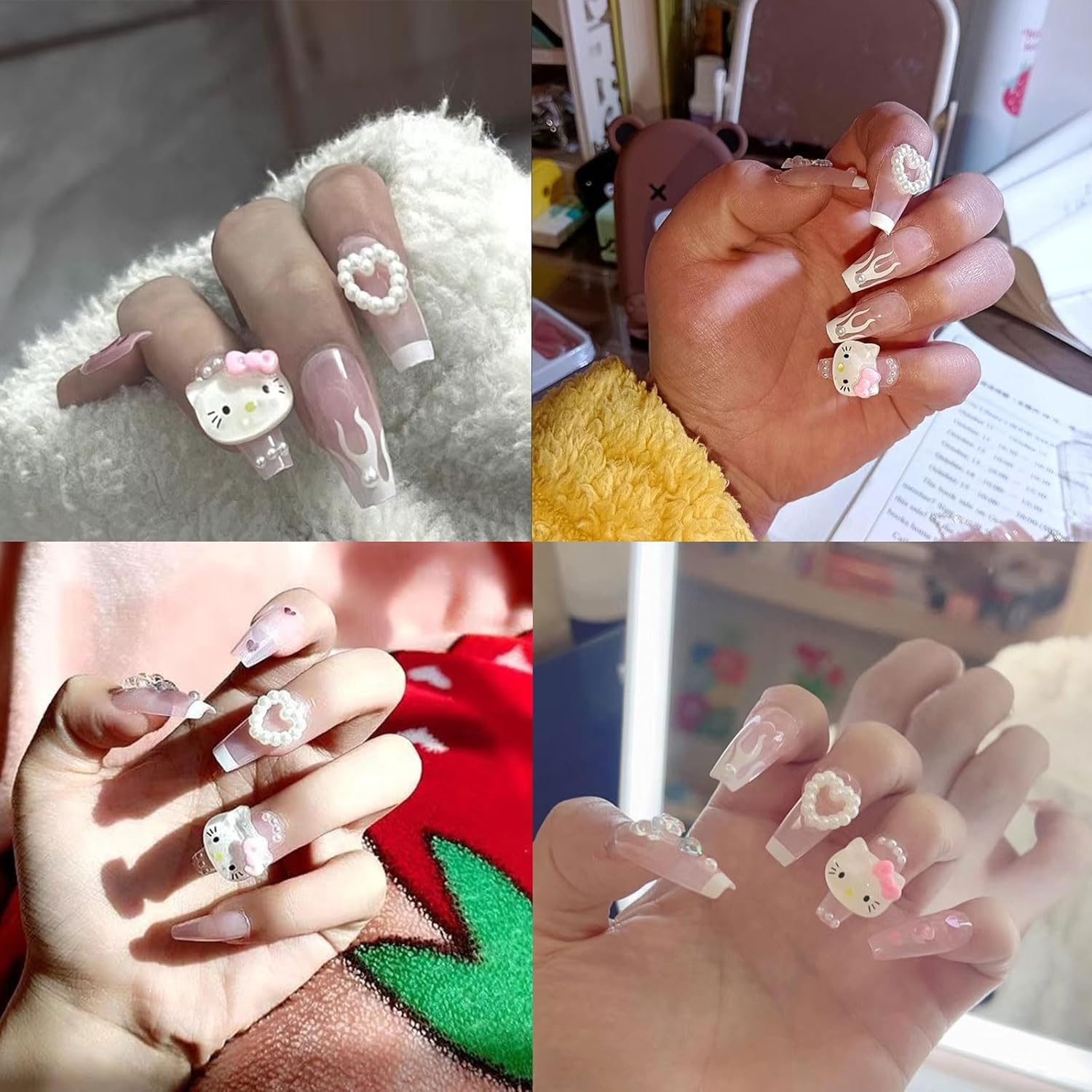 24PCS French Pink Kitty Press on Nails,Cute Kawaii 3D False Nails,Cartoon Y2K Long Length with Flame and Rhinestone Design,Trapezoid Coffin Fake Nails,Glossy and Full Cover Acrylic Nails for Women image number 1