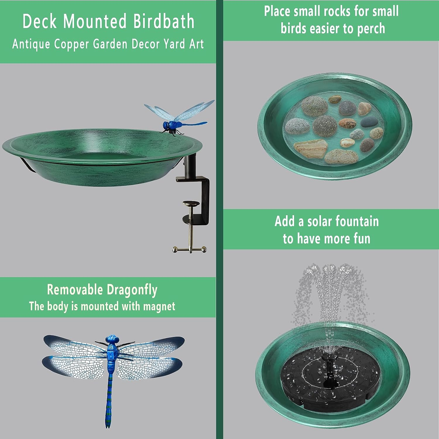 Deck Mounted Bird Bath for Outdoor, 11.5 Inch Metal Birdbath Bowl with Adjustable Steel Clamp, Antique Green Deck Bird Feeder for Railing Balcony Fence Yard Art Garden Decoration image number 2
