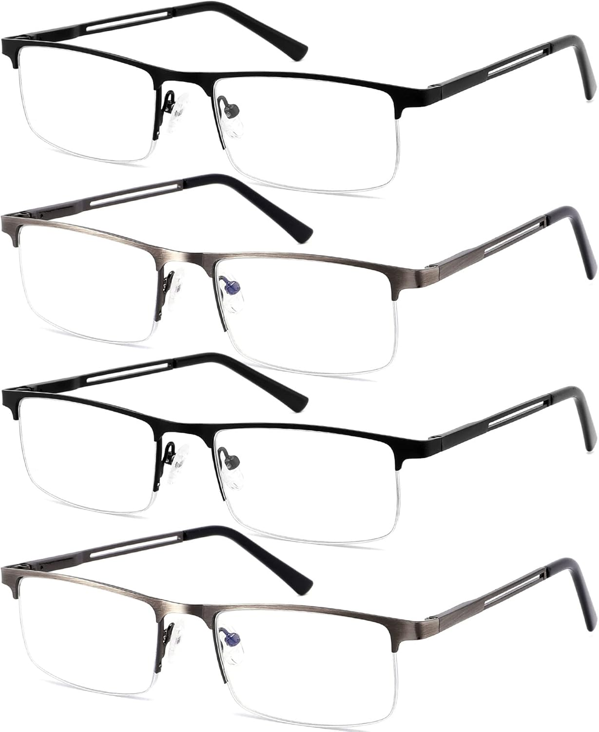 Dilly Vision 4 Pack Blue Light Reading Glasses for Men,Lightweight Metal Rectangle Semi Rimless Readers for Men