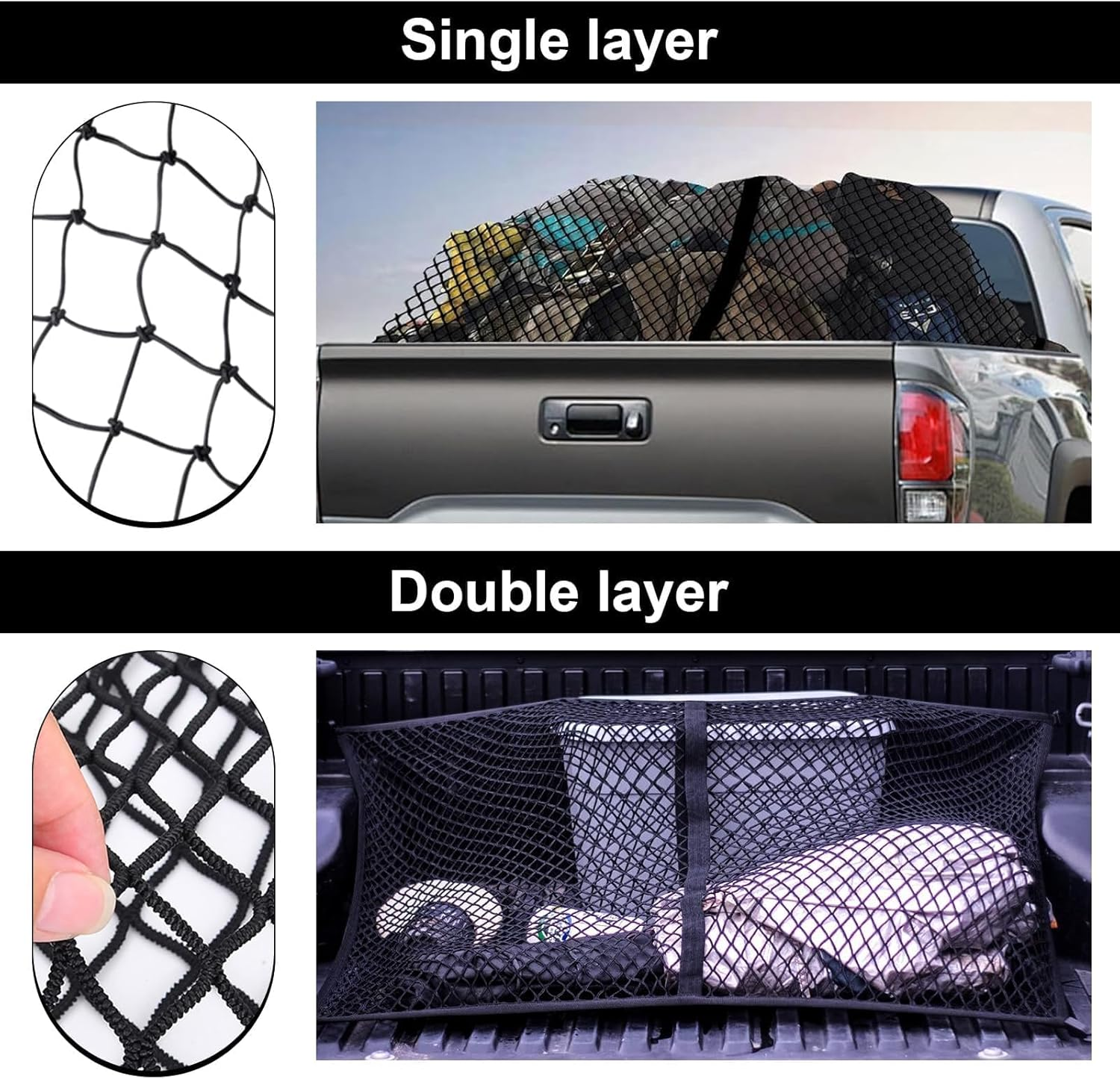 Highly Elastic Cargo Net Kit with 2 5M Tie down Straps &ndash; Elastic Trailer Net 4'X4' Expandable to 8'X8'With 6 Extra DIY Mesh Holes, 6 Hooks, 6 Carabiners & Storage Bag for UTE, Trailers, 4WD & Pickup image number 6