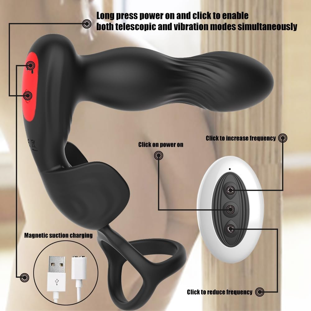LONZYON Male Anal Vibrator Prostate Massager Toys with Cock Ring, 10 Swing Thrusting & Vibrating Remote Control Anal Plug Dildo Vibrator, Adult Male Sex Toys for Beginner&Advanced Player Gay Toy for Men Couple(Black) - App Black image number 2