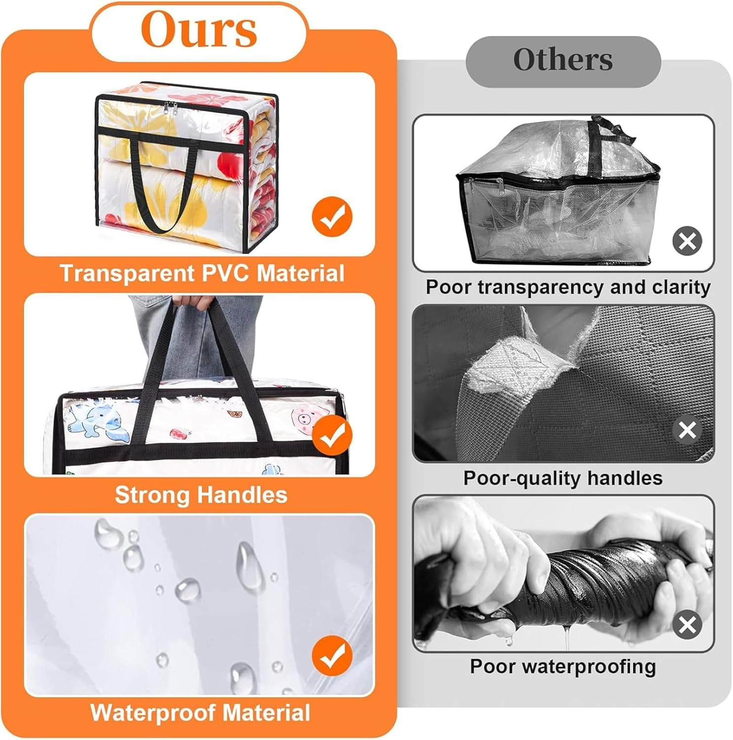 4 Pack Clear Plastic Clothes Storage Bags, 40L Blanket Storage Bag，Foldable Moving Bags with Zipper for Clothes, Reinforced Handle for Loft Wardrobe for Bedding, Comforters, Dolls image number 6