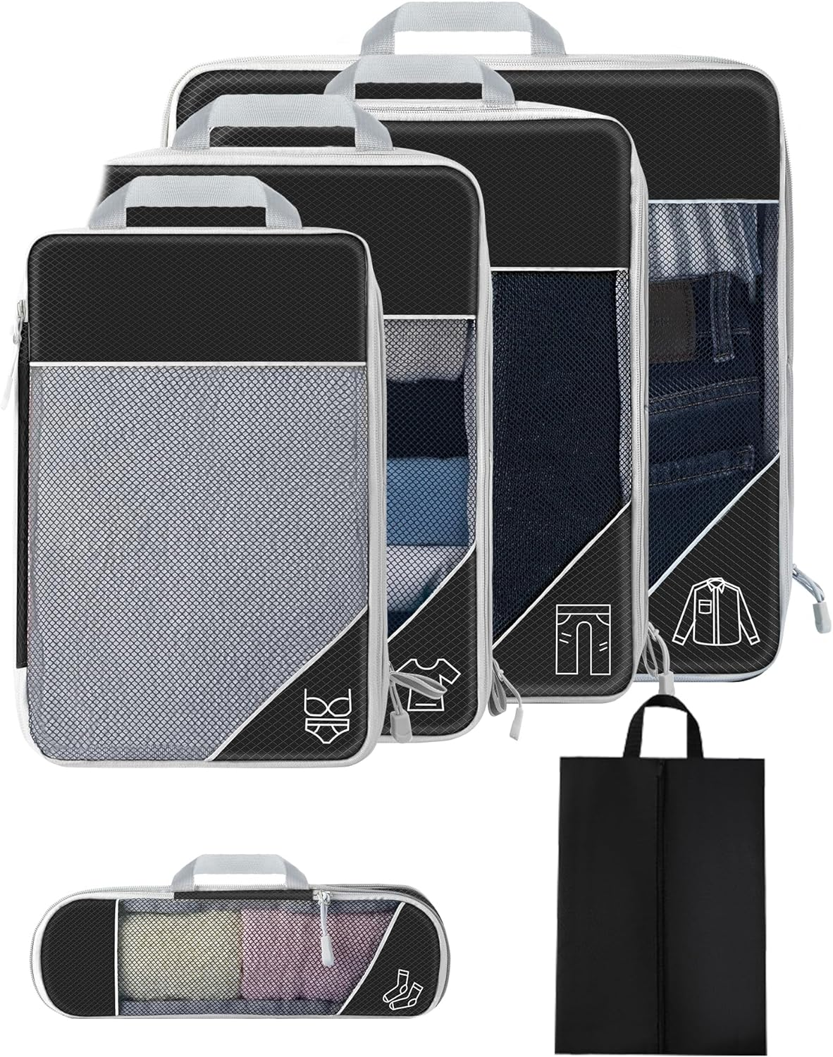 Compression Packing Cubes for Suitcases, Extensible Travel Packing Cubes, Mesh Luggage Suitcase Organizer Bags, Large Medium Small Slim Packing Cube, Travel Suitcase Accessories