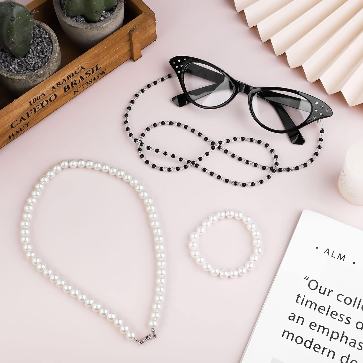 ADXCO 5 Pieces 100 Days of School Dark Gray Old Lady Wig Costume Cosplay Set Grandma Wig Granny Glasses Artificial Pearl Necklace Halloween Dress up Party image number 1