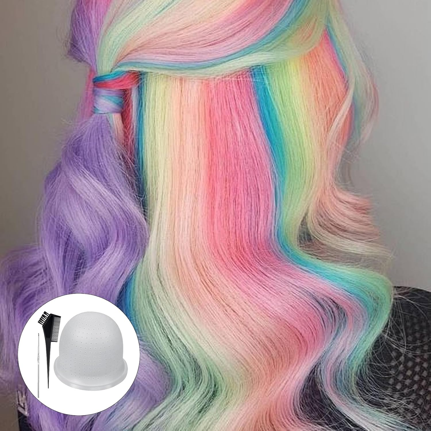 Silicone Highlight Cap, Highlight Set, Make Your Own Strands, Hair Net Strands Hood Holes, Reusable Silicone Highlight Cap with Hooks, Colouring Brush for Salon, Home Hair Dyeing image number 5