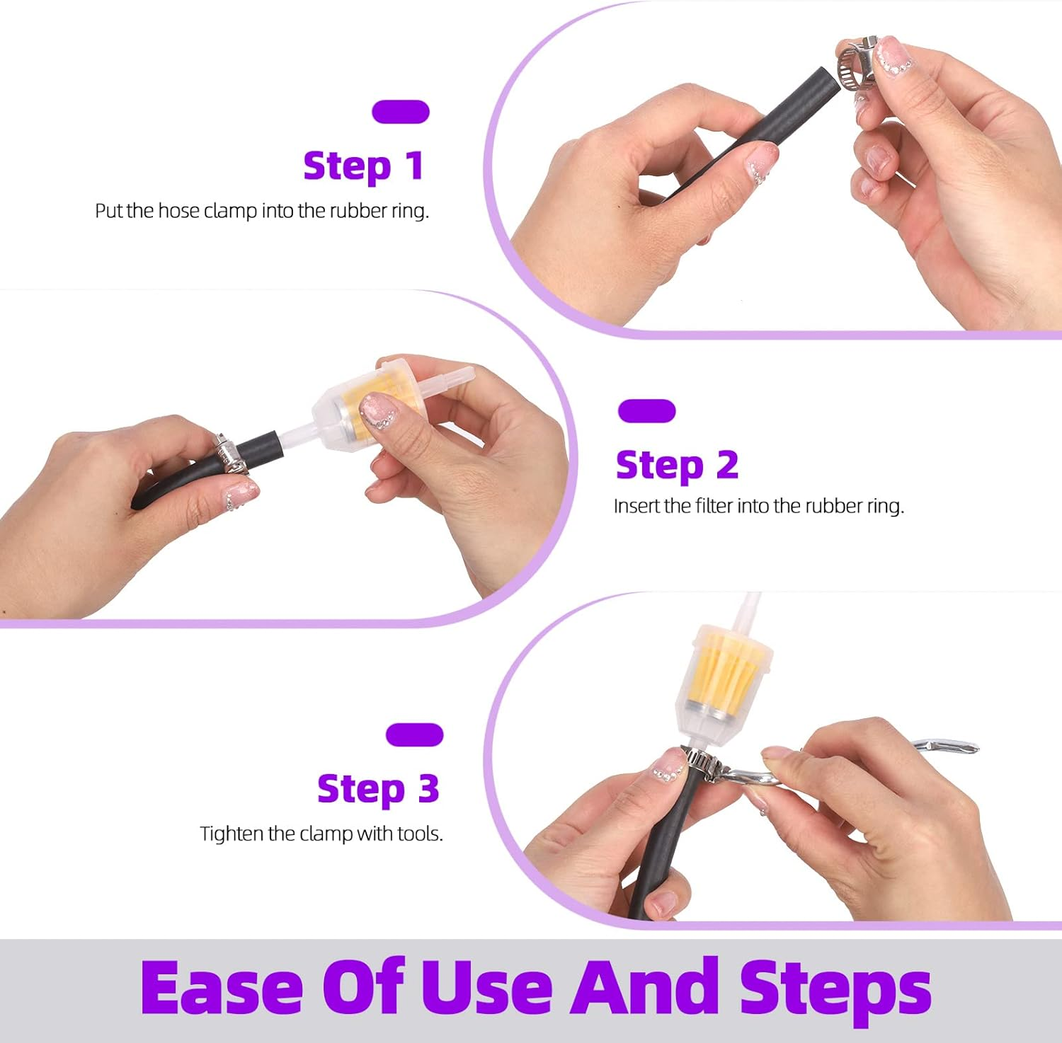 Swpeet 16Pcs 1/4 Inch ID Fuel Line Set, 2 Meter-6.5 Feet Length Black Fuel Line Hose with 4Pcs Fuel Filters, 10Pcs Worm Gear Hose Clamps and a Z-Shape Wrench for Small Engines Tractors Mowing Machine image number 2