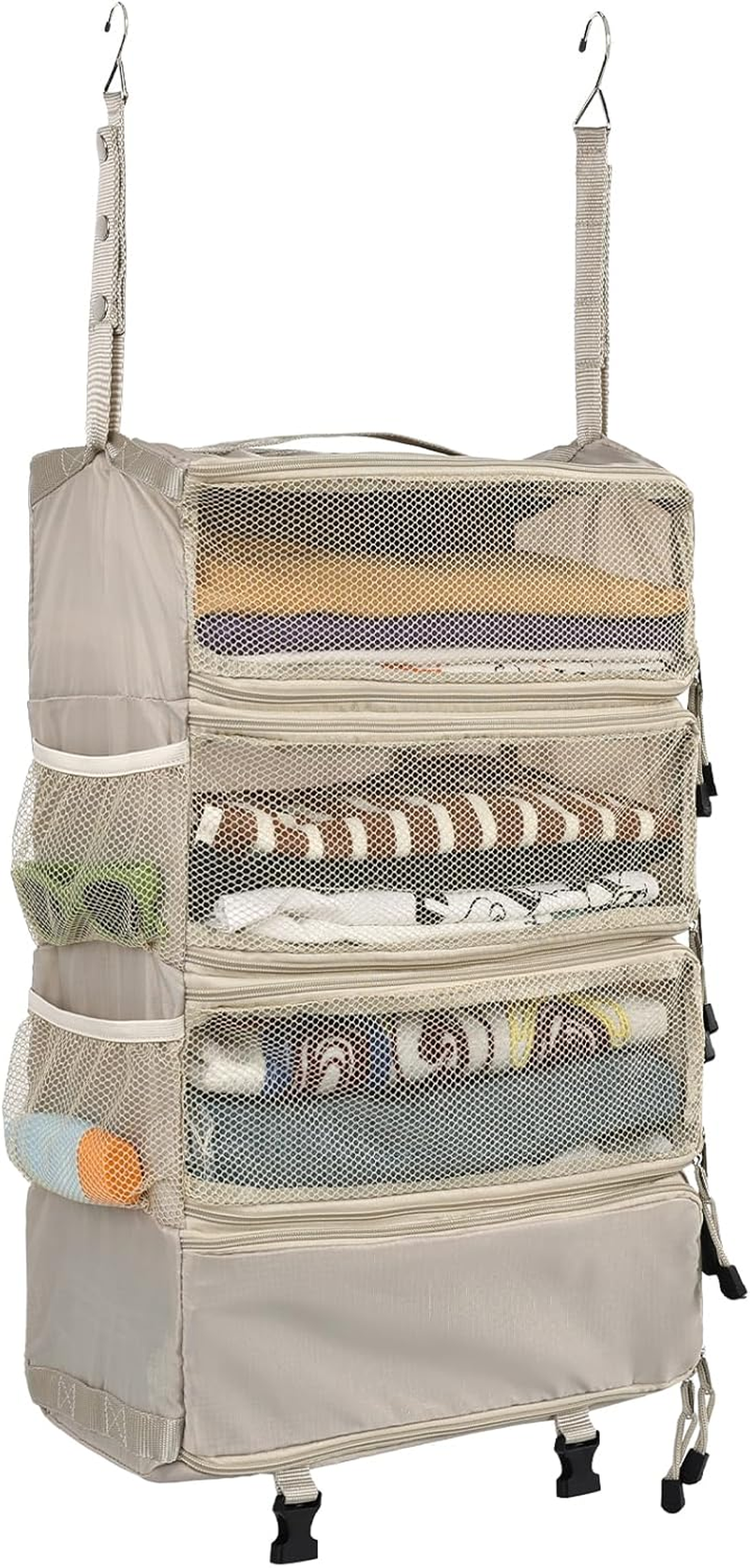 Surblue Travel Hanging Luggage Organizer Portable Suitcase Closet Organizer Multiple Compartments Collapsible Compression Packing Cubes Shelf, Beige,M image number 7