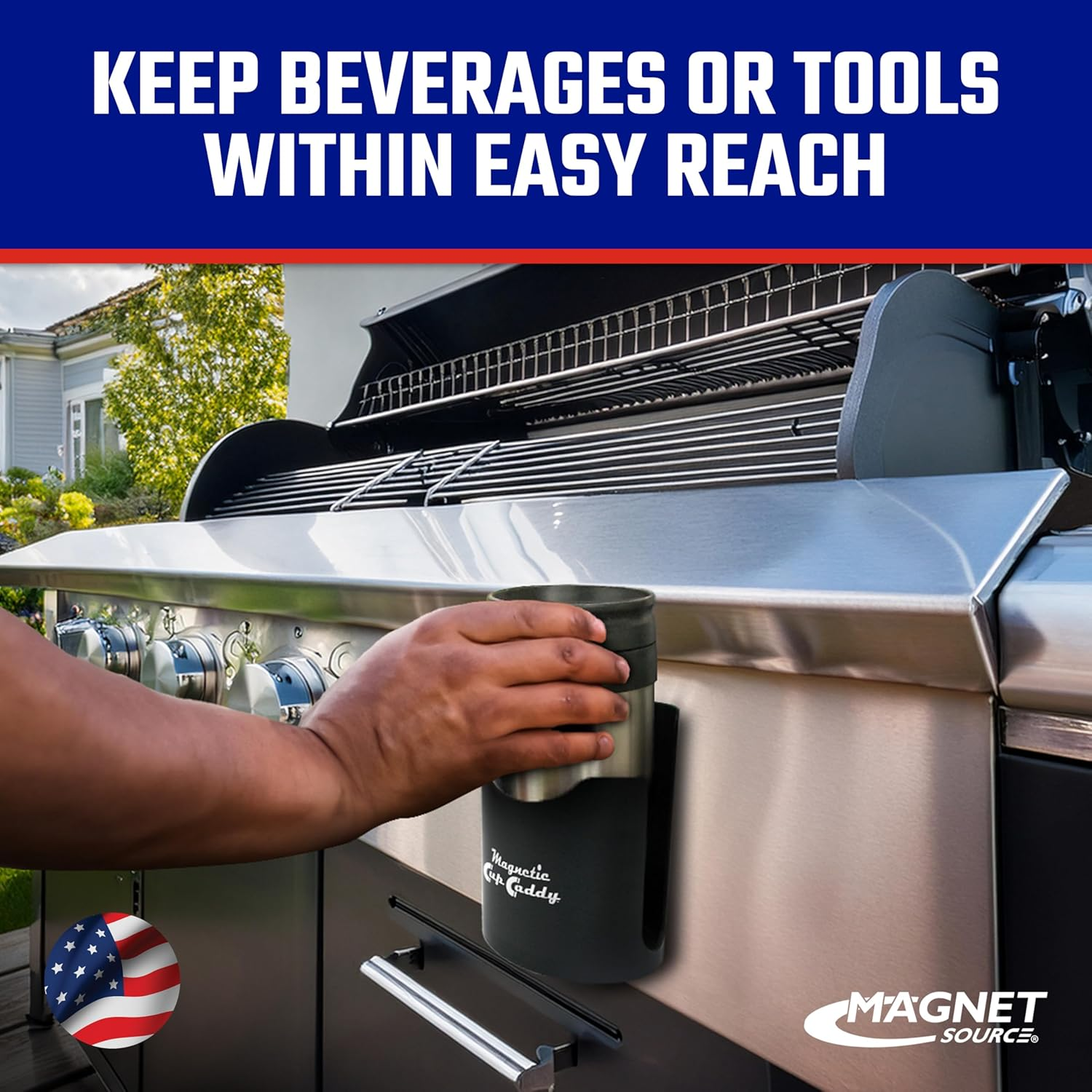 Master Magnetics Magnetic Cup Holder - Caddy for Bottles, Glasses, and Cans - Fits on Fridge, Lawnmower, Forklift, Cart, or Ladder - Heavy-Duty Magnet - Black image number 1