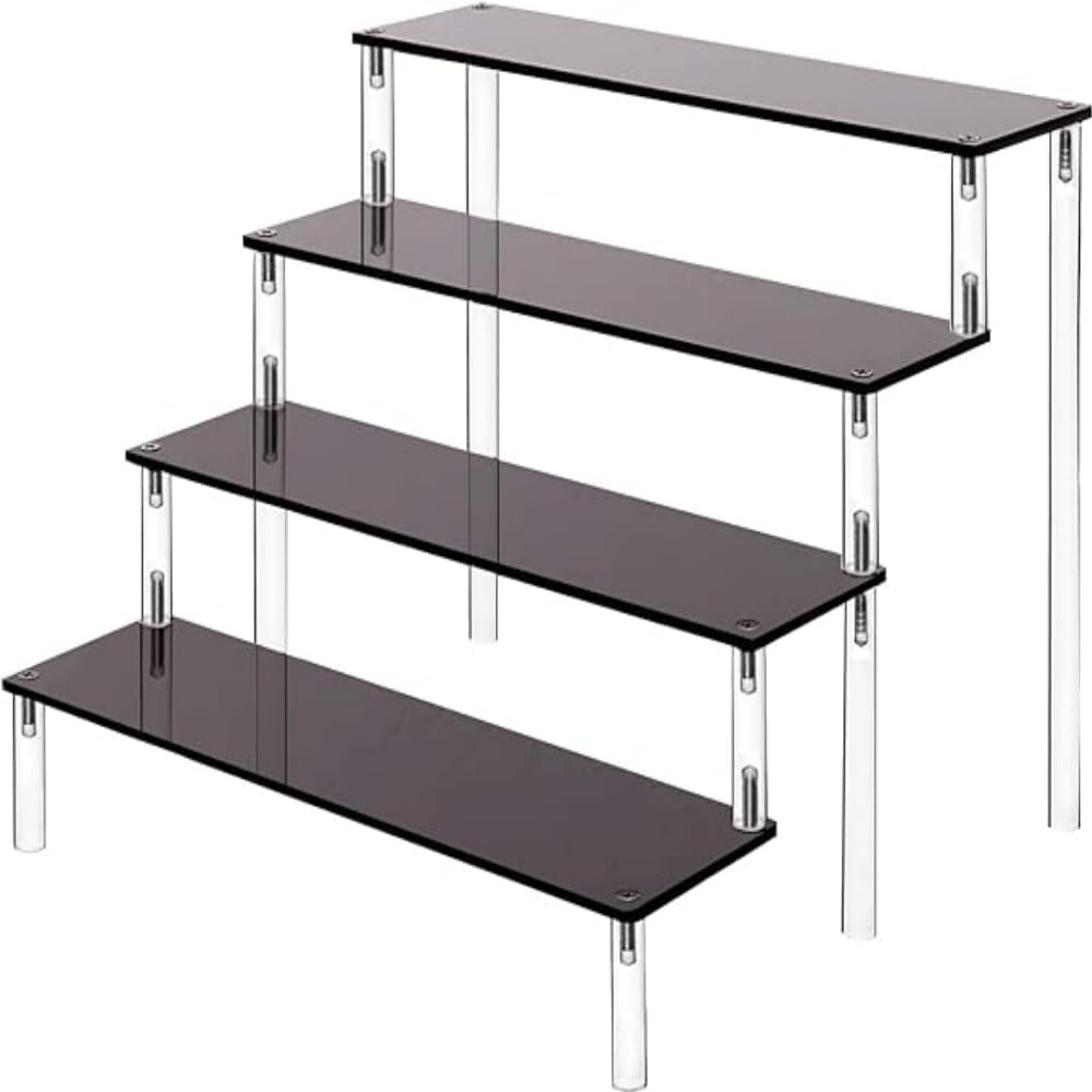 Fabselection Acrylic Riser Display Stand, 4 Tier Acrylic Display Shelf Acrylic Riser Display Stand for Action Figures,Cupcake, Trophy, Perfume,Cosmetics, Jewelry, Collections and Party Desserts (Black)
