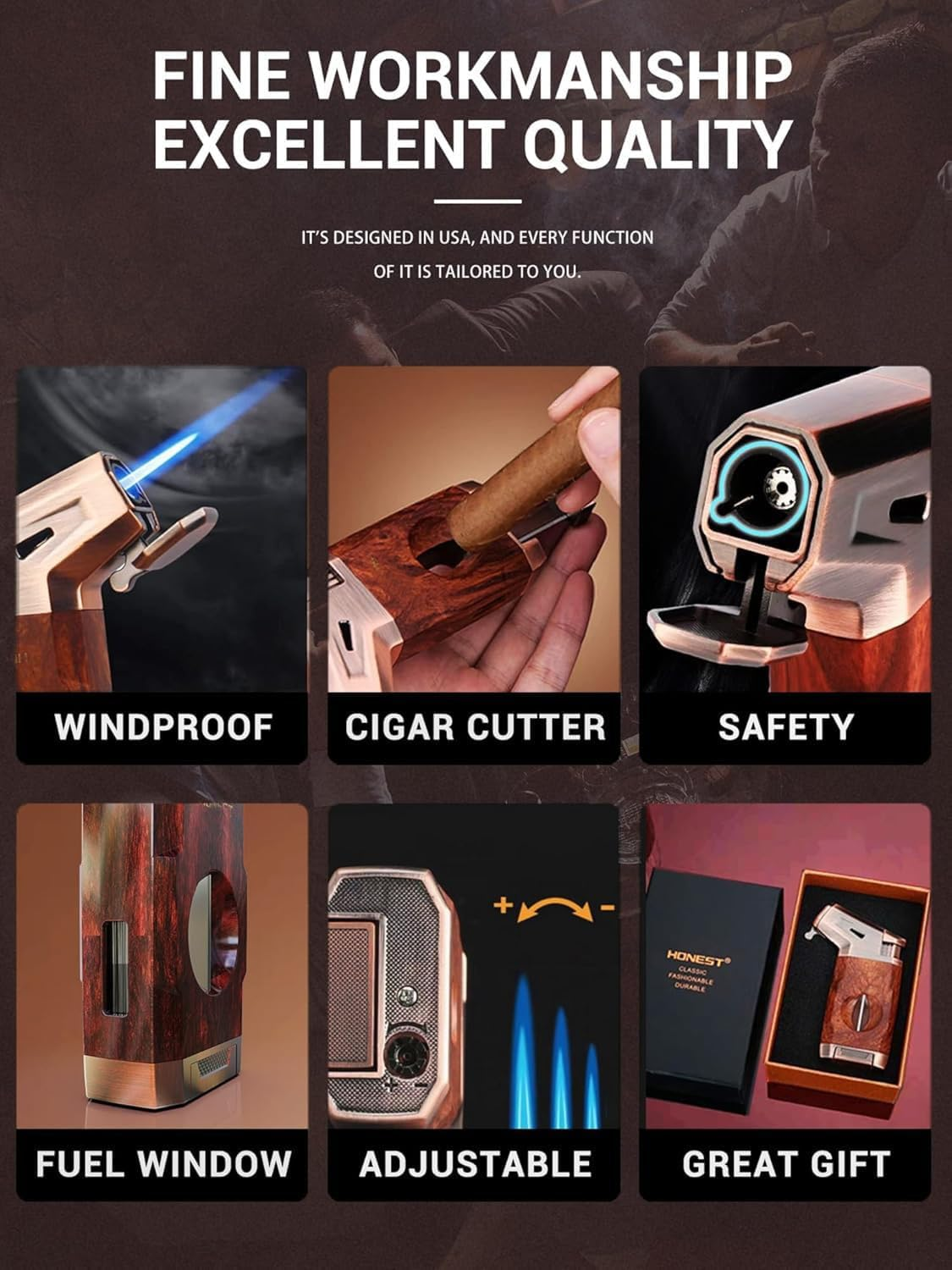 Butane Torch Lighter with V Cutter,Adjustable Cigar Torch Refillable Lighter Butane Double Jet Flame,Windproof Lighter,Adjustable Refillable Butane Lighter Gifts for Men(No Gas) (Brown) image number 5