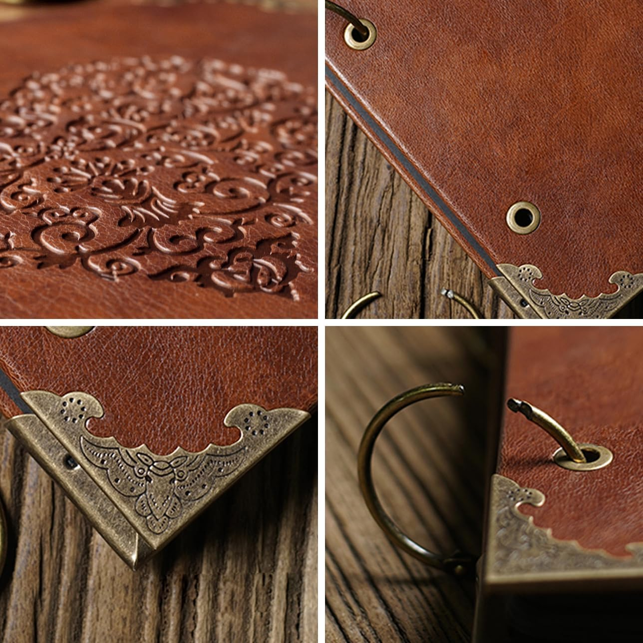 Photo Album or DIY Scrapbook (10X10 Inch 50 Pages Double Sided), Vintage Leather Cover Three-Ring Binder Picture Booth Albums with 9 Colors 408Pcs Self Adhesive Photos Corners for Memory Keep image number 5