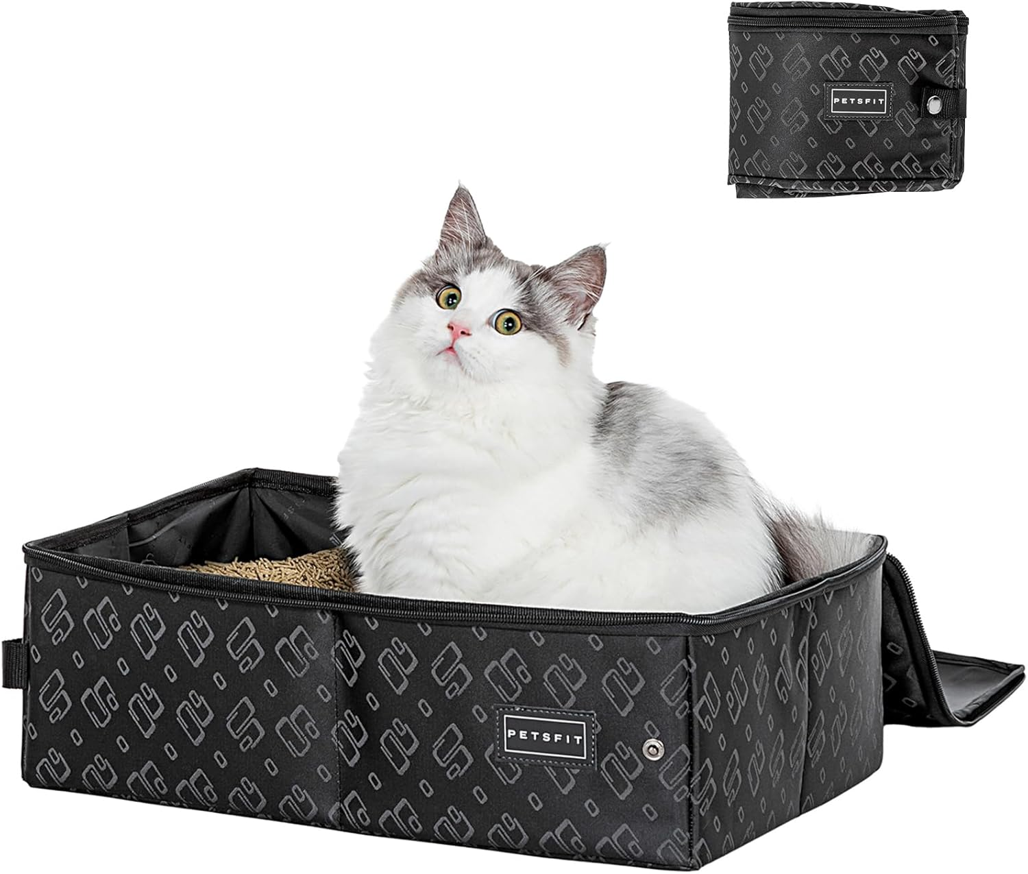 PETSFIT Cat Litter Box Large,Outdoor Cat Litter Box Waterproof Bottom, Zipped Travel Kitten Toilet, Standard Portable Collapsible Litter Carrier for Cats, Leak-Proof, Lightweight Black, 48 X 38X 15Cm