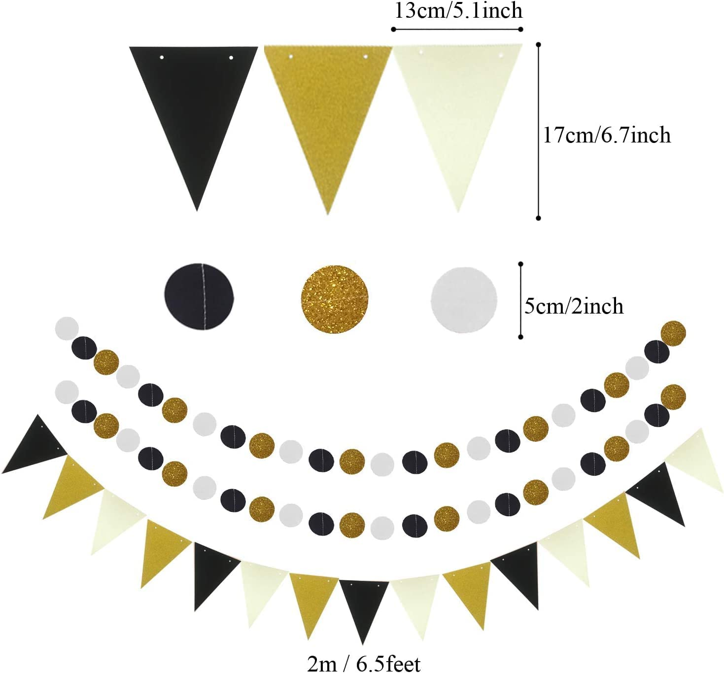 Party Decoration, 21 Pcs Black and Gold Hanging Paper Fans, Pom Poms Flowers, Garlands String Polka Dot and Triangle Bunting Flags for Birthday Parties Wedding D&eacute;cor, Table & Wall Decorations image number 2