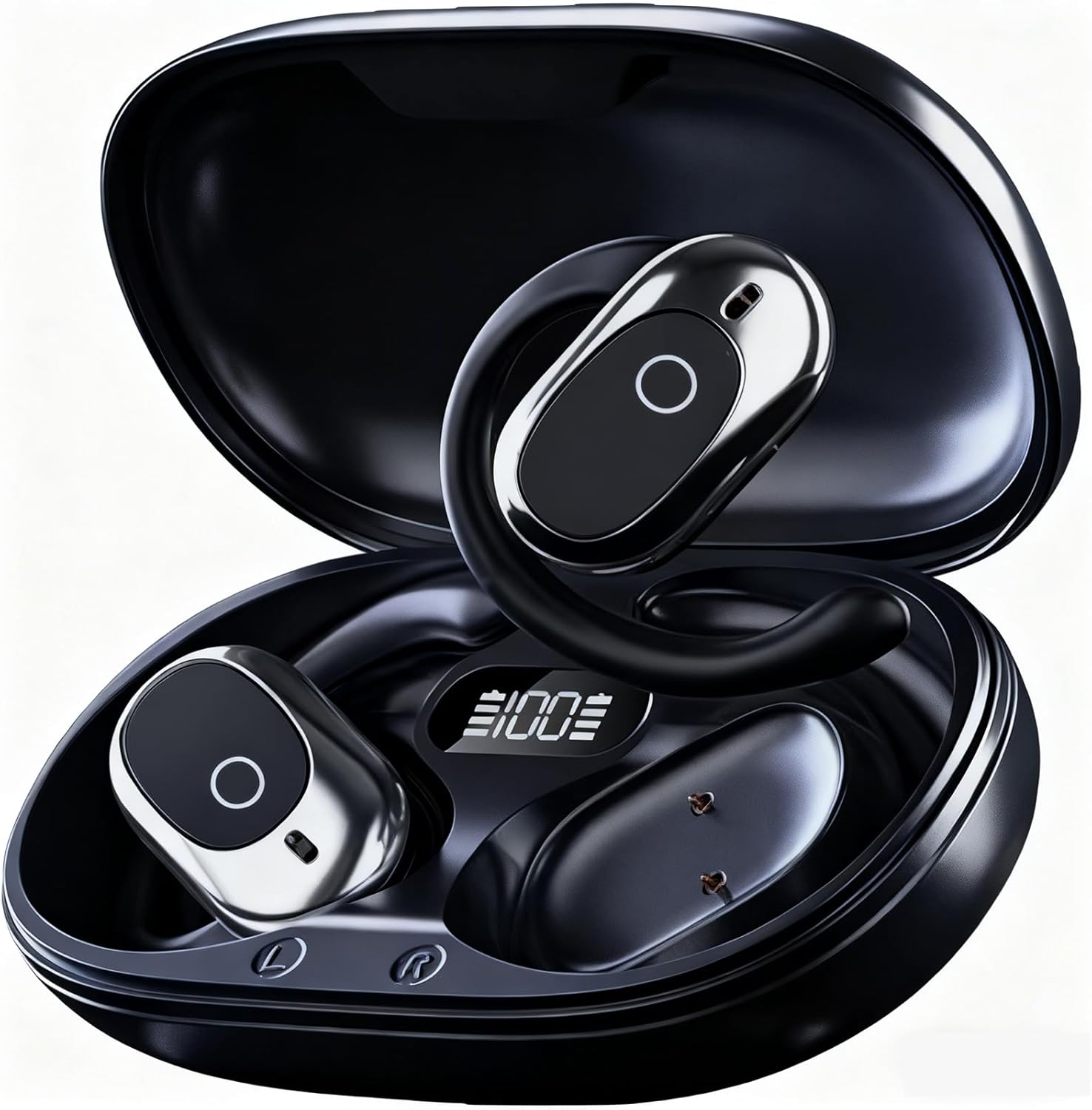 Black Open Ear Earbuds with 130&deg; Rotatable Design, 14Mm Dynamic Driver & AI Call Noise Cancellation, 80H Playtime Bluetooth 5.4 Wireless Earbuds, IPX7 Waterproof, LED Power Display, Low Latency image number 5