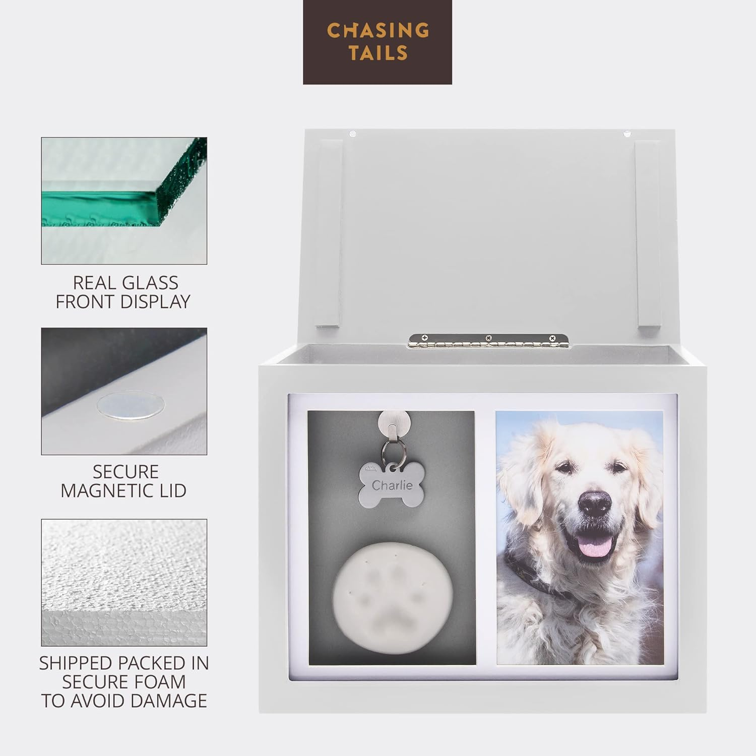 Chasing Tails Premium White Pet Urn - Large Memorial Dog Ashes for Keepsake, Urns for Dogs or Cats, Pet Urns for Memorial - with Paw Print and Photo Album