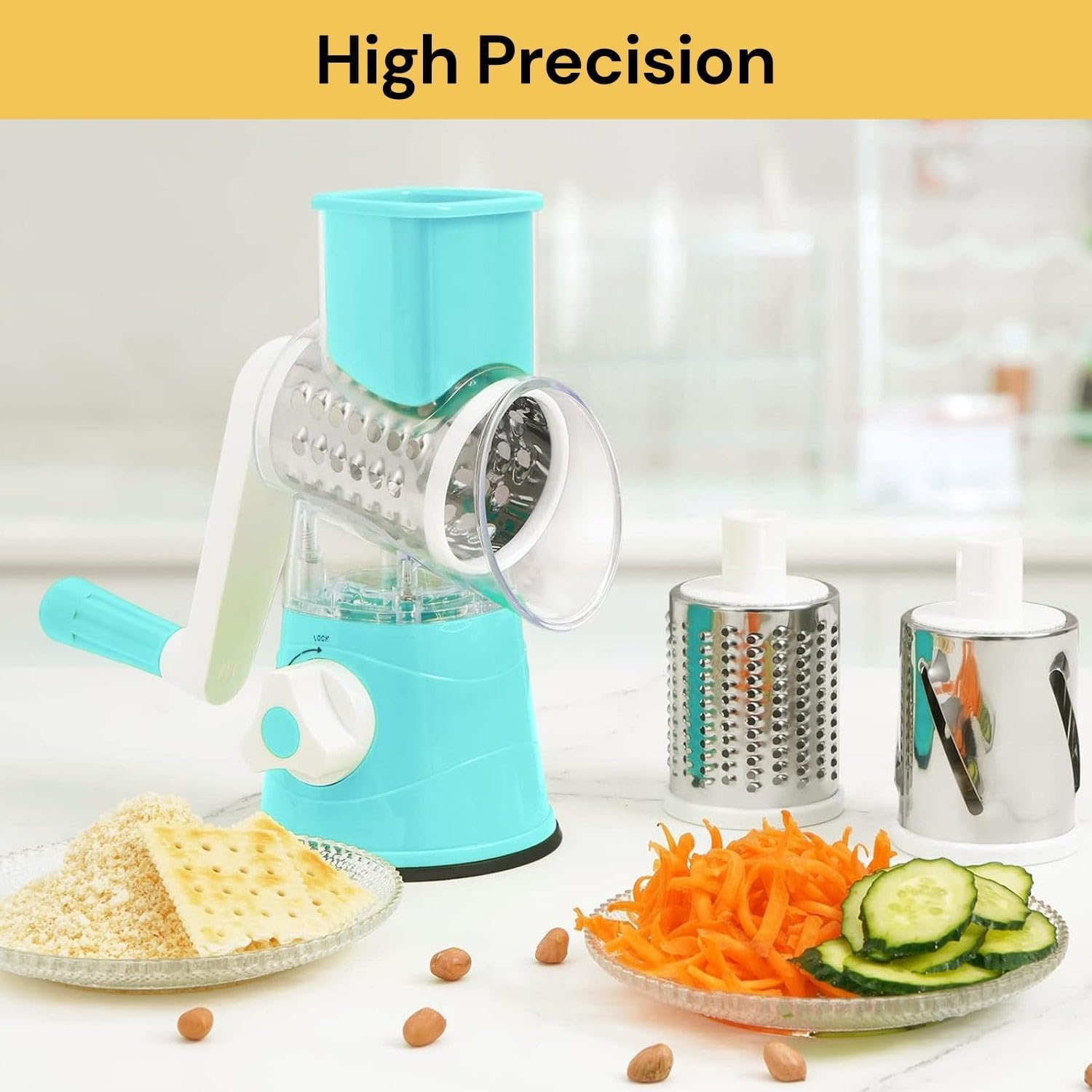 EZONEDEAL Multi-Functional 3 in 1 Vegetable Fruit Cutter Slicer Cheese Shredder, Speedy Rotary Drum Grater Slicer with 3 Stainless Steel Blade Hand-Pedal Chopper (Green) image number 4