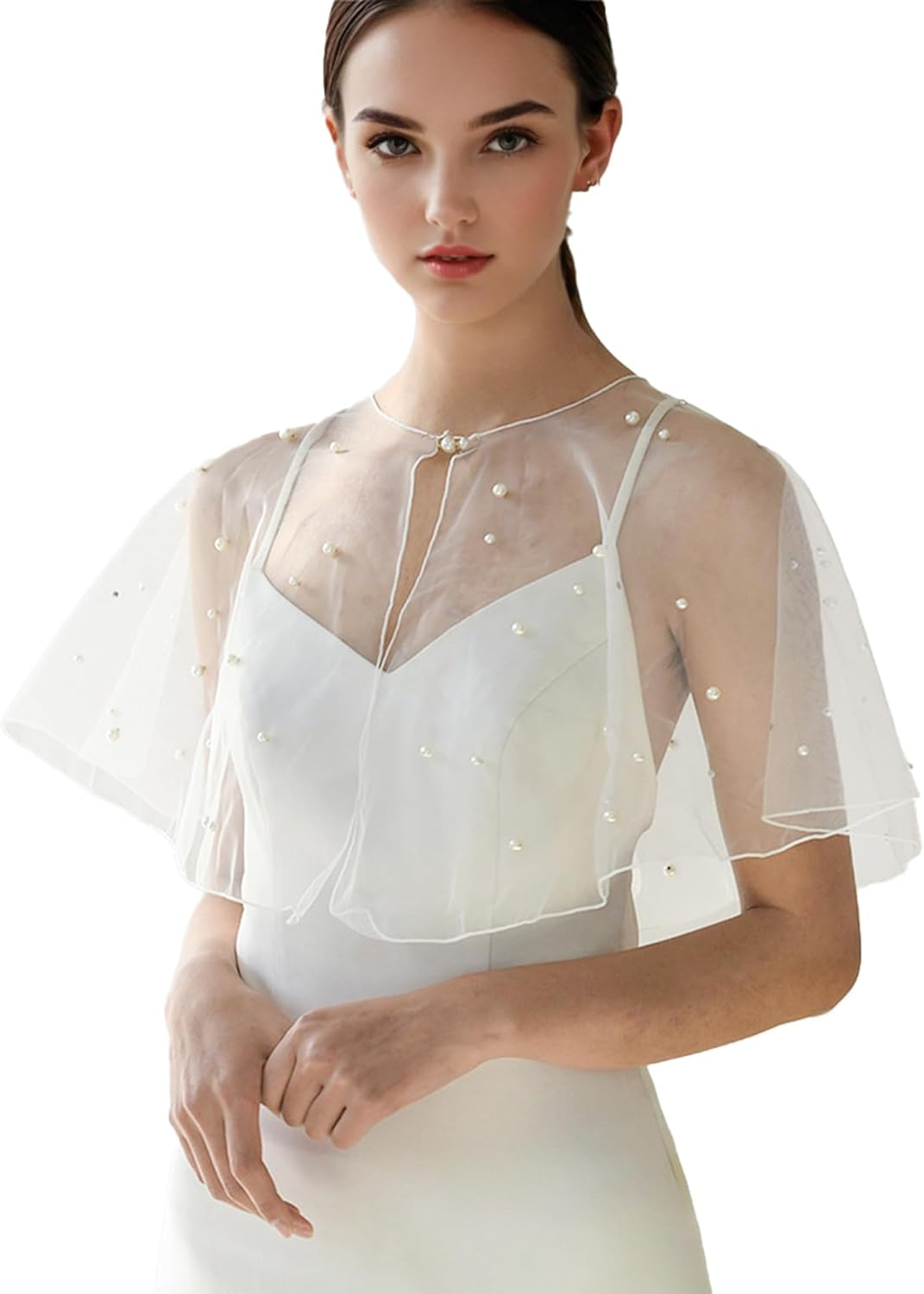 Mopmap Pearls Wedding Capes Shawl Wrap Shrug Bridal Evening Dress Jackets Flapper Bolero Cover up for Party Formal