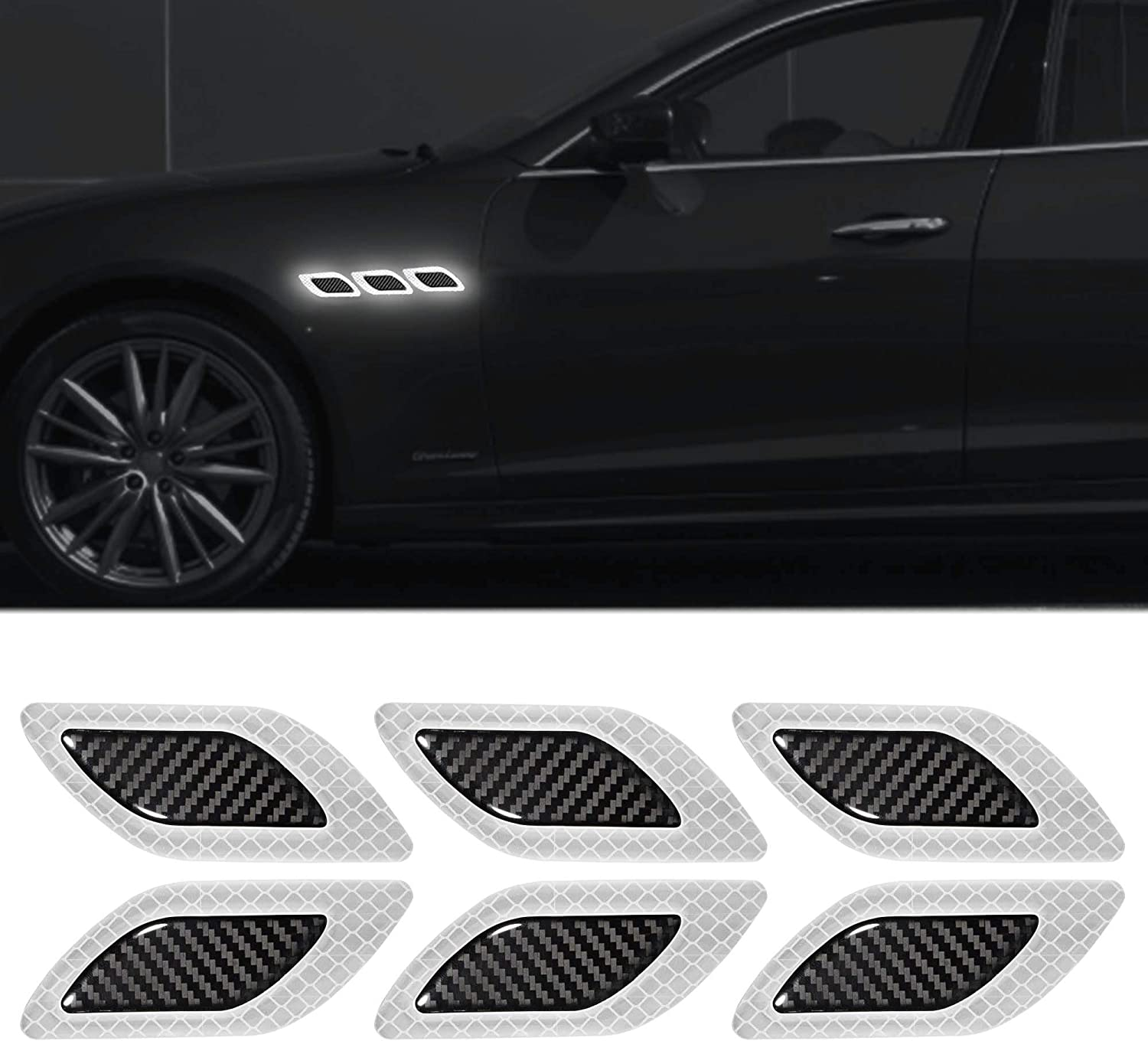 TOMALL 6Pcs 3D Strong Reflective Stripe Sticker for Car Fender Hood Bumper High-Intensity Night Visibility Reflective Decal Safety Warning Diamond Grade Carbon Fiber Universal for Car SUV (White)