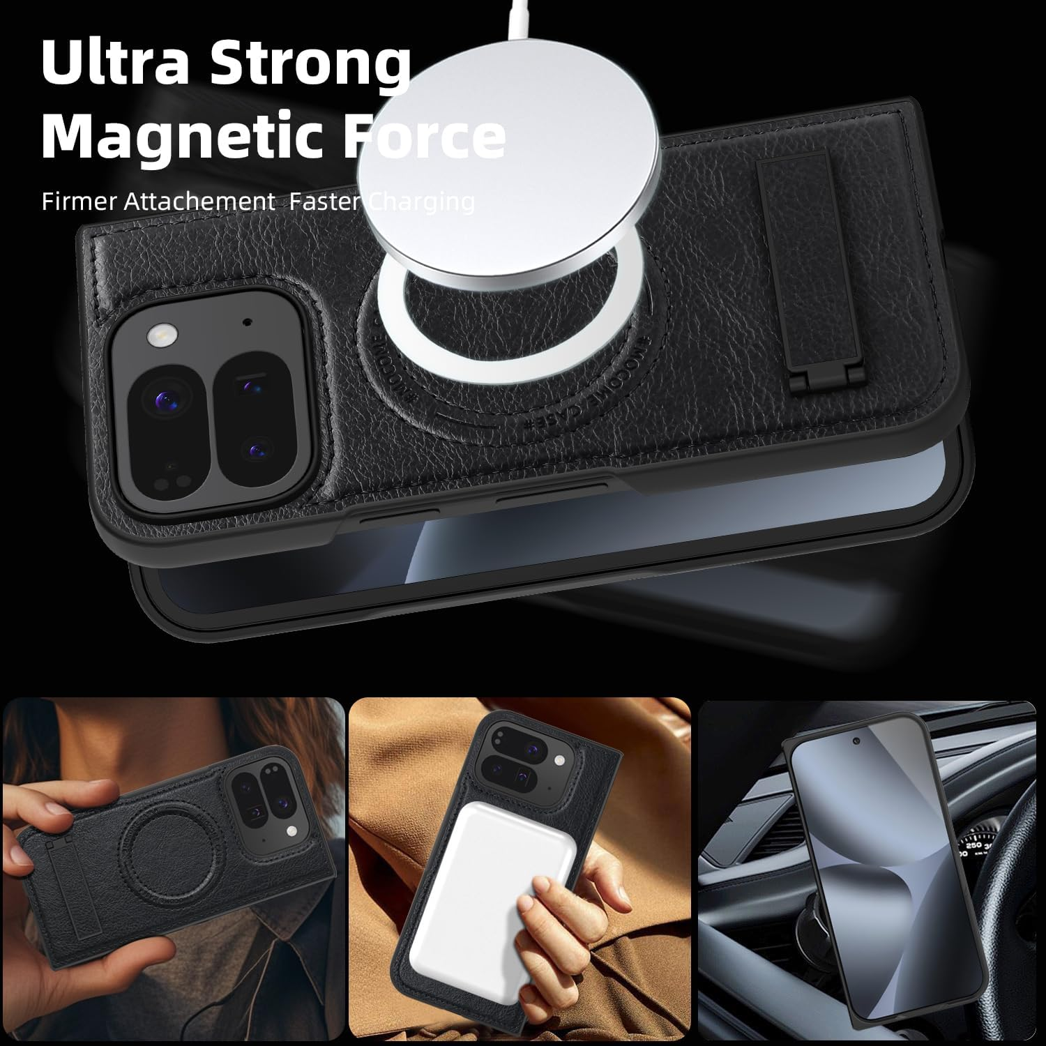 QYFCOU Magnetic Case for Google Pixel 10 Pro Fold - PU Leather Protective Cover with Stand, Compatible with Magsafe, Ultra-Thin Military Grade Shockproof and Scratch-Resistant (Black) - Green image number 4