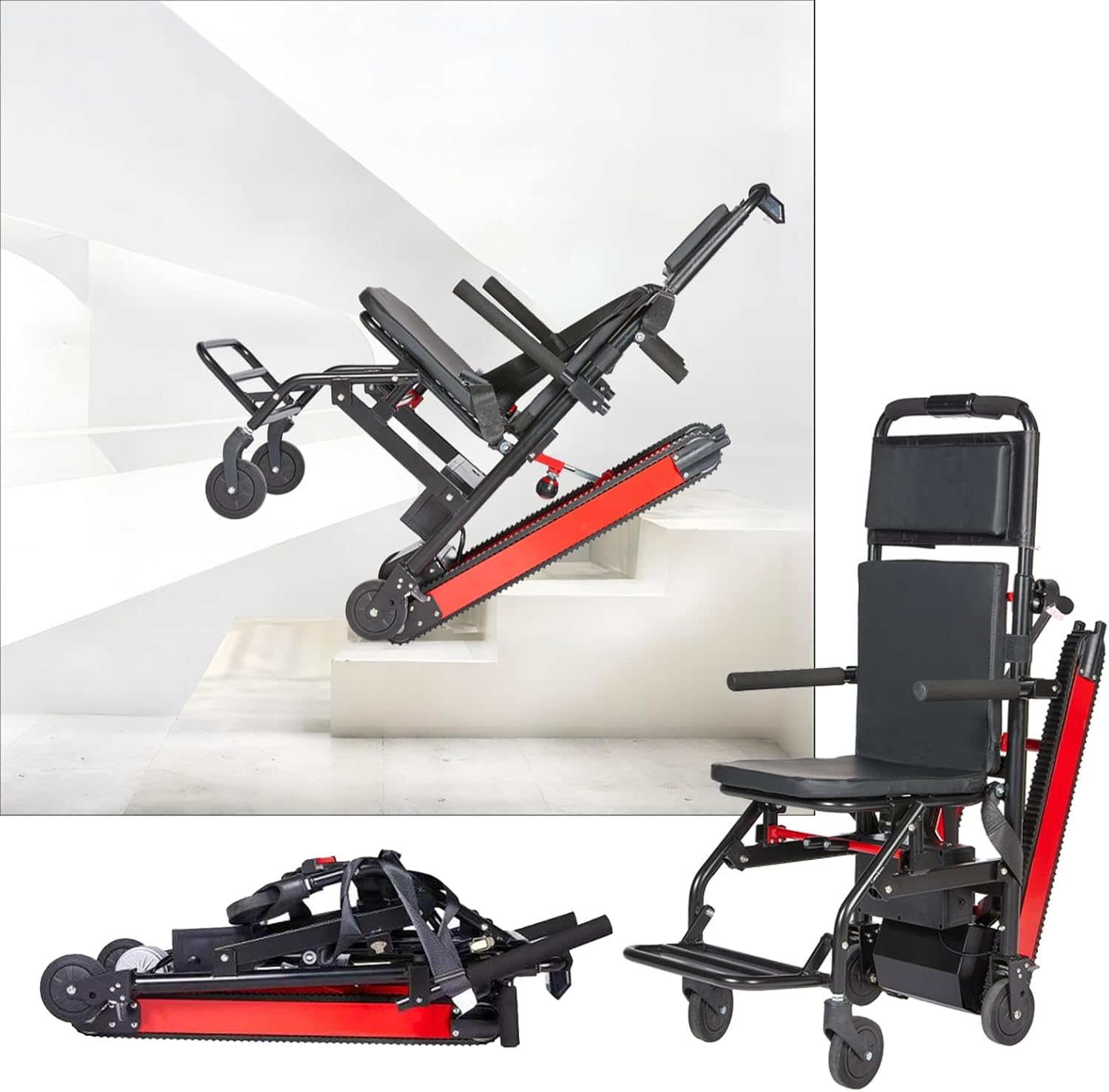 Electric Crawler Stair Climbing Wheelchair,Manual Lightweight Folding Electric Wheelchair,Electric Stair Climber ,Suitable for Disabled Seniors, with a Load of 353 Pounds, for Easy Moving and Daily Life Aids, Climbing and Descending Stairs Effortlessly (Red)