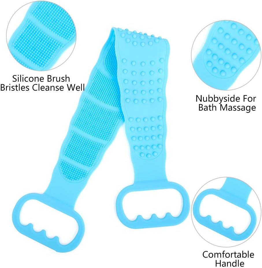 Baring 2 Pieces Silicone Back Scrubber Bath Body Brush Shower Brush Exfoliating Skin Massage Scrubber and 2 Pieces Transparent Adhesive Hooks, Blue and Green image number 6