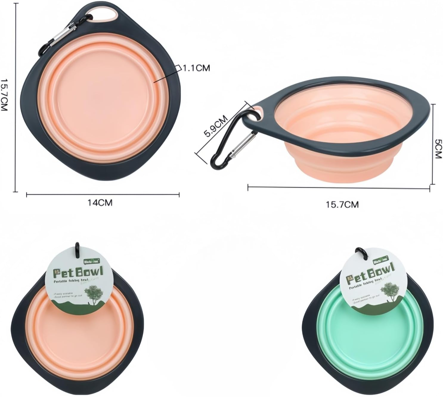 Dog Pet Collapsible Bowls 350Ml, 2 Pack for Cats Dogs, Portable Pets Feeding Watering Dish for Walking Parking Traveling with 2 Carabiners (Pink+Green) image number 4