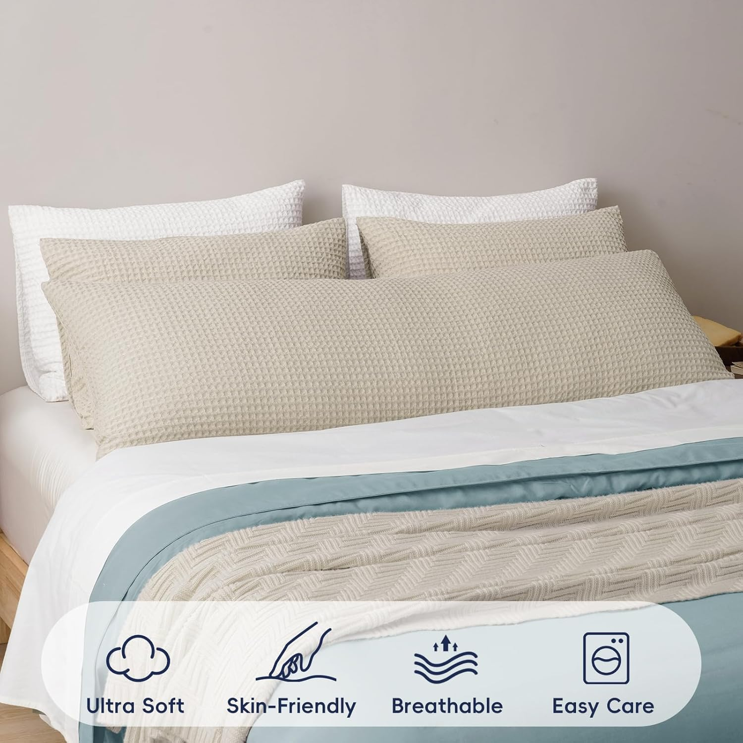 PHF Ultra Soft Waffle Weave Body Pillowcase 20" X 54", No Insert, Breathable & Skin-Friendly Body Pillow Sham with Zipper, Decorative Waffle Weave Body Pillow Cover, Linen image number 7